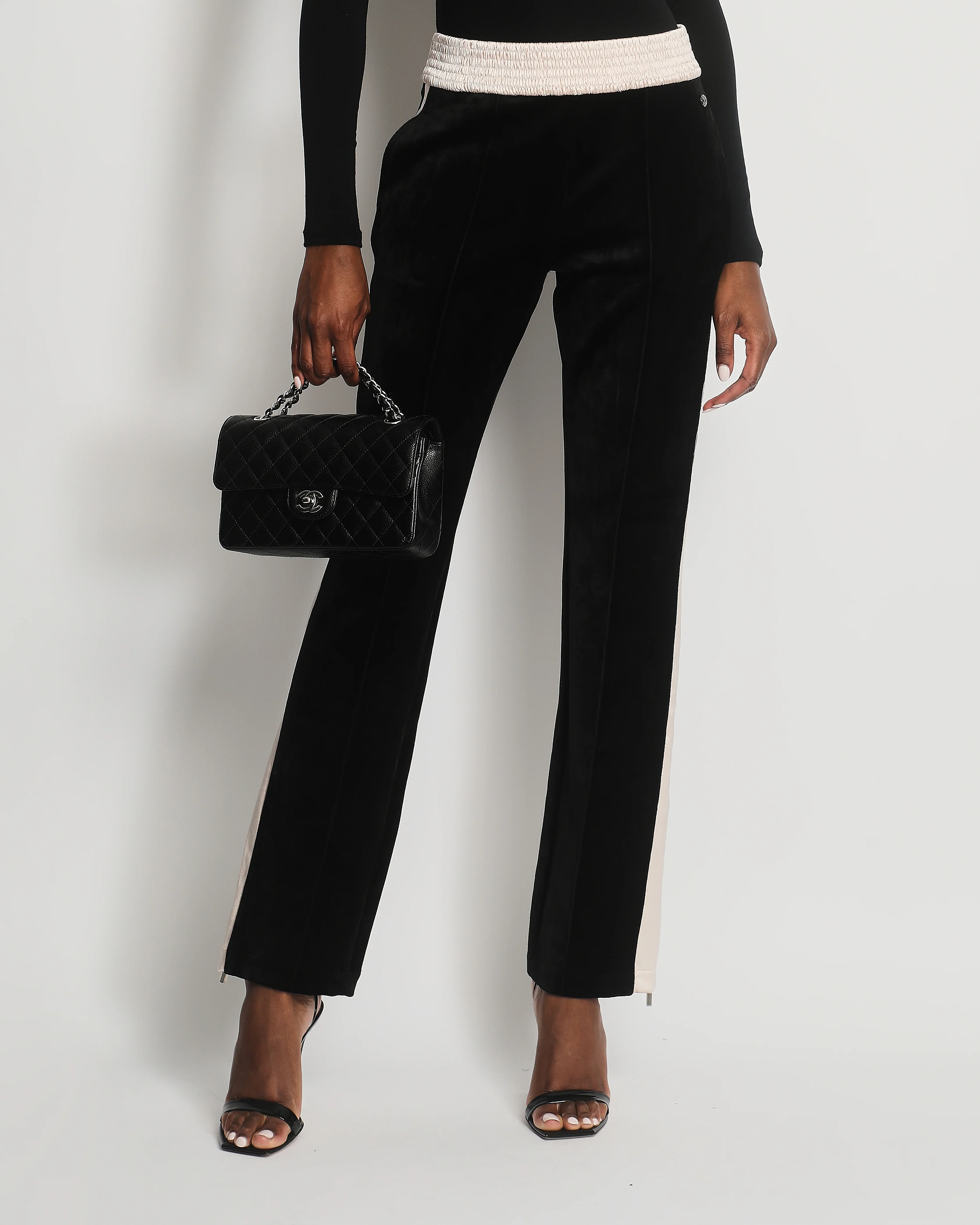 Chanel Black Velvet & Cream Satin Tracksuit Trousers with Elasticated Waist, Logo & Zips Detail Size FR 38 (UK 10) - Image 2