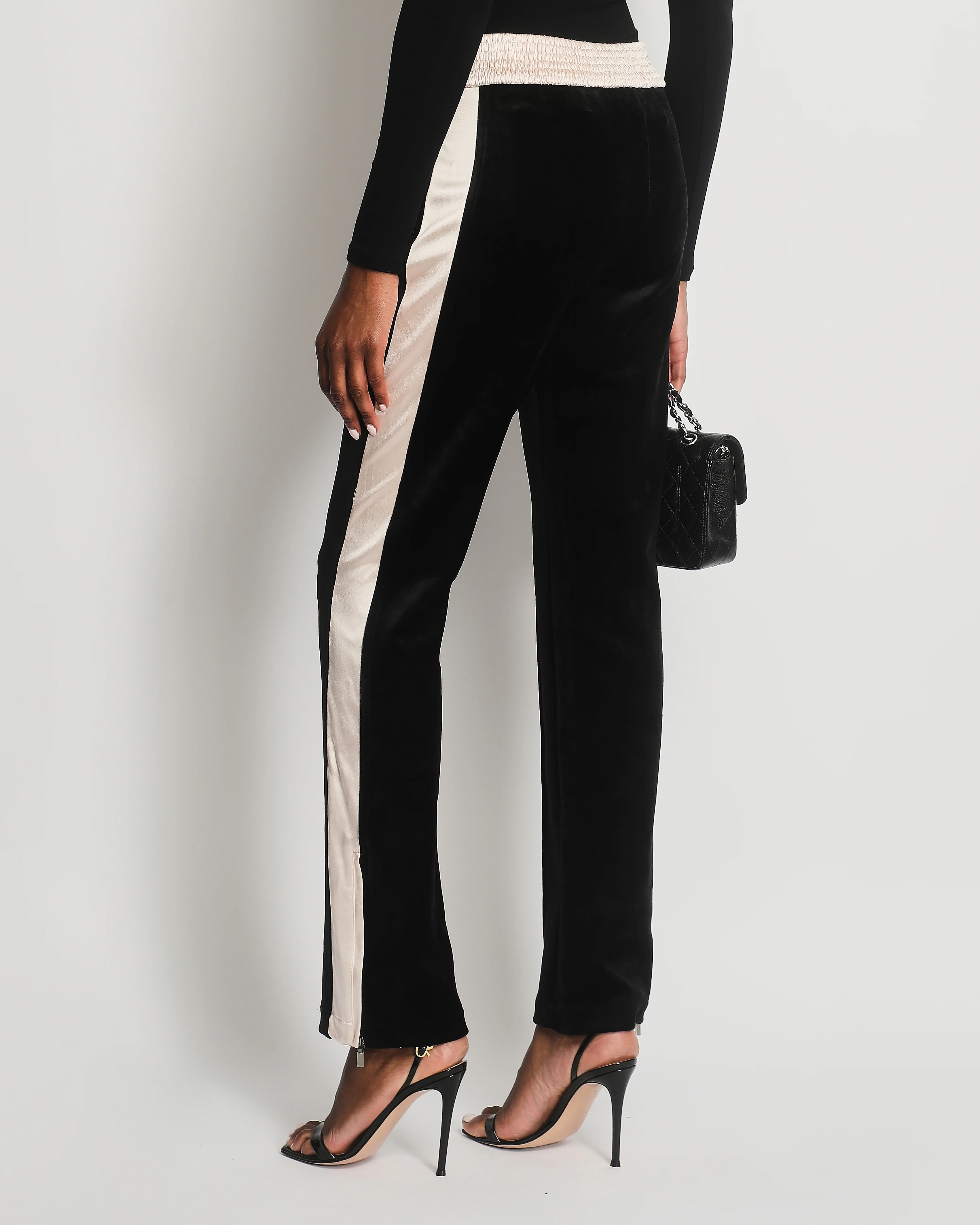 Chanel Black Velvet & Cream Satin Tracksuit Trousers with Elasticated Waist, Logo & Zips Detail Size FR 38 (UK 10) - Image 3