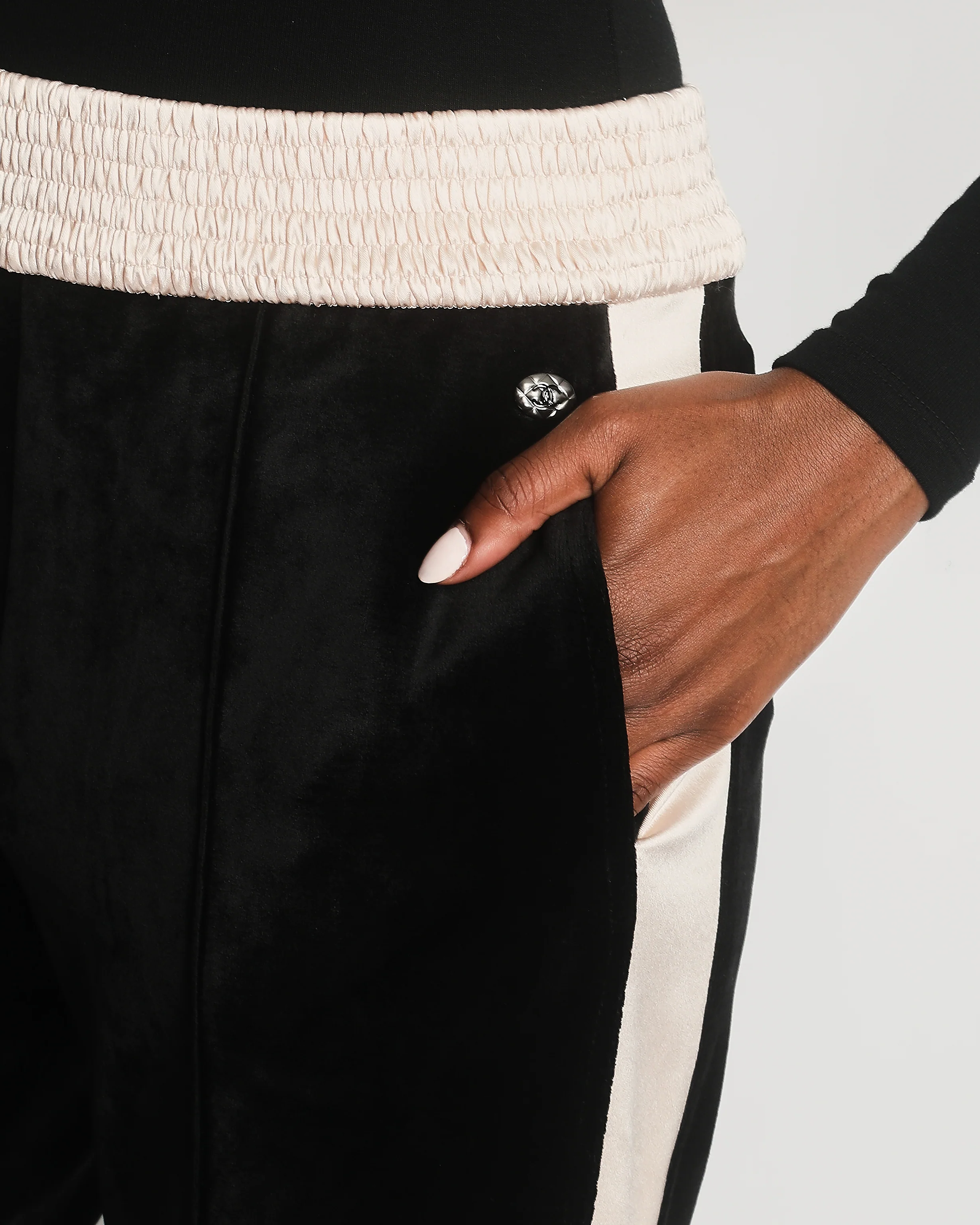 Chanel Black Velvet & Cream Satin Tracksuit Trousers with Elasticated Waist, Logo & Zips Detail Size FR 38 (UK 10) - Image 5
