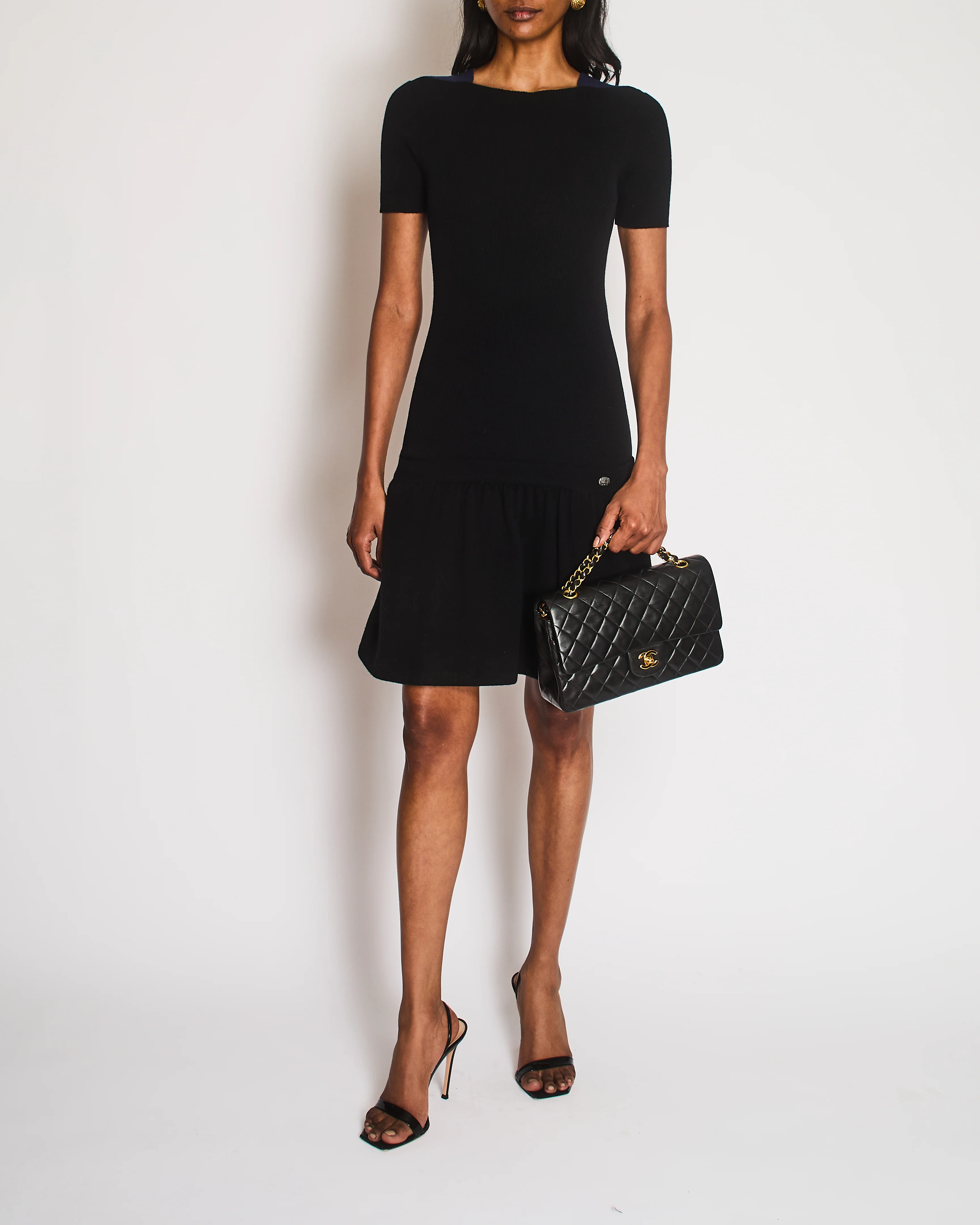 Chanel Black Wool and Cashmere Blend Ribbed Short-Sleeved Mini Dress with Navy Shoulder Details and Silver Textured CC Logo Button Detail Size FR 34 (UK 6)