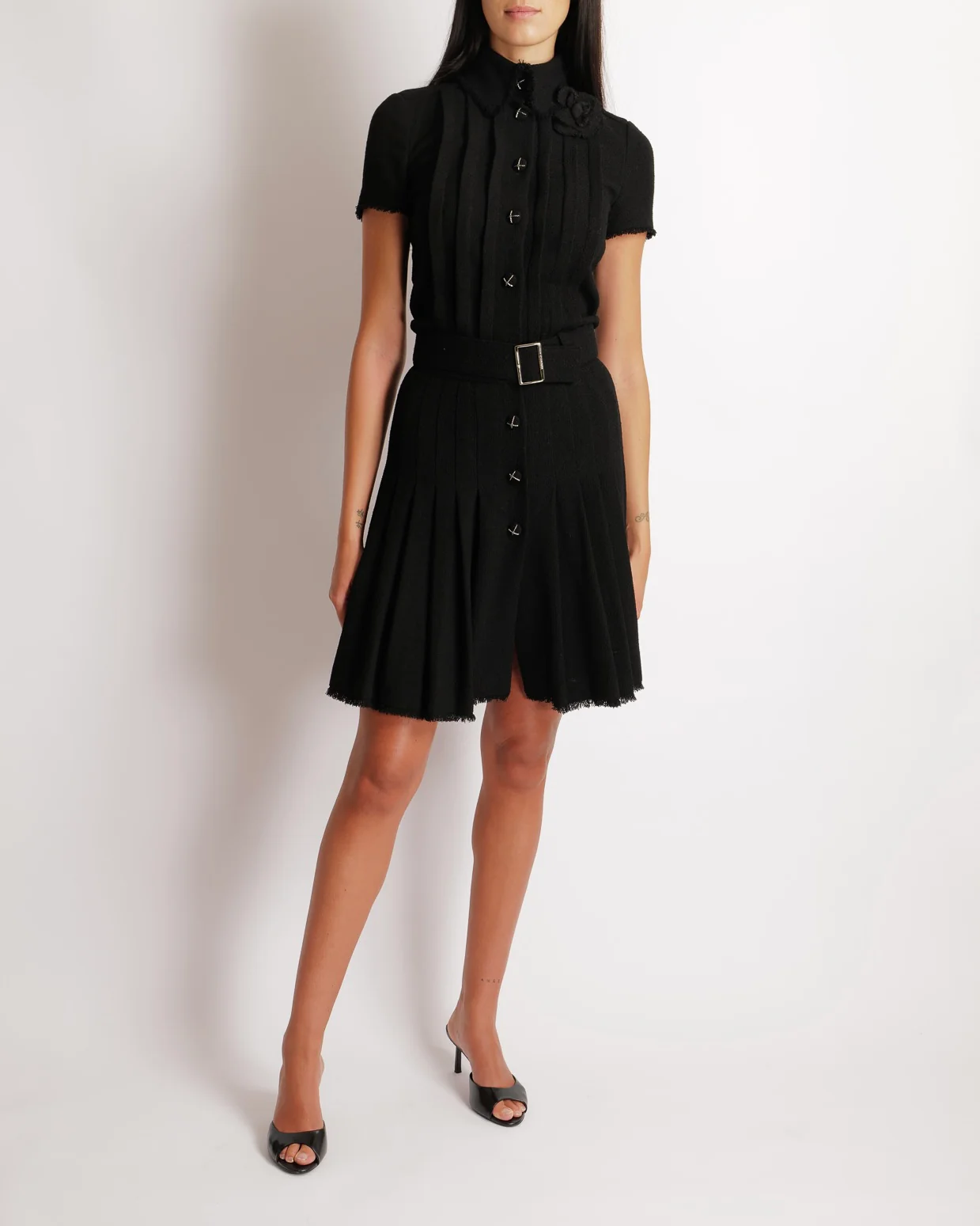 Chanel 07/AW Black Wool Belted Short-Sleeved Mini Dress with Black and Silver CC Logo Buttons and Frayed Trims Detail Size FR 34 (UK 6)