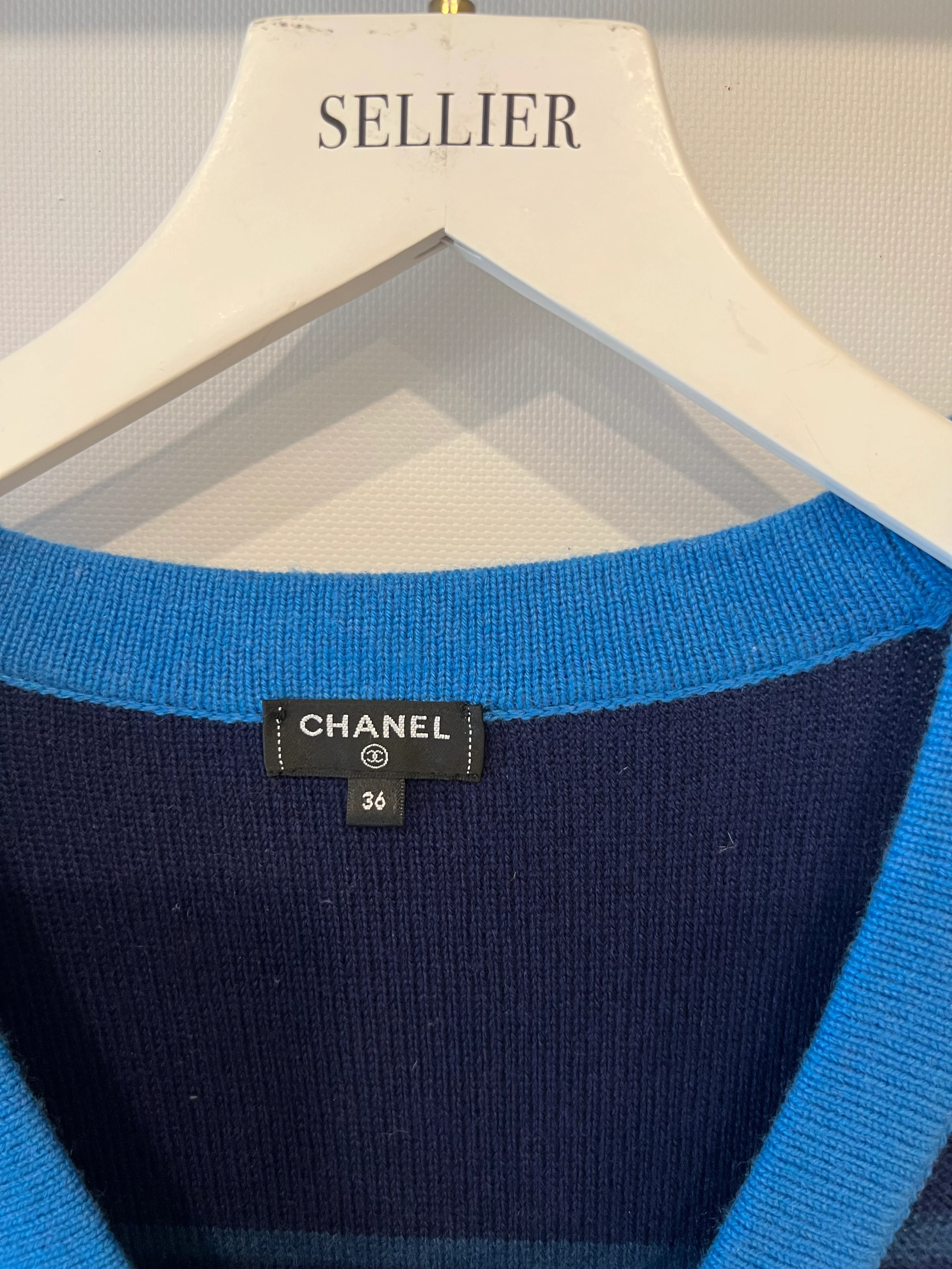 Chanel 20C Blue and Navy Cashmere Striped Long Cardigan with Multicolour Sequins Detail and Silver Camellia CC Buttons Size FR 36 (UK 8) - Image 11