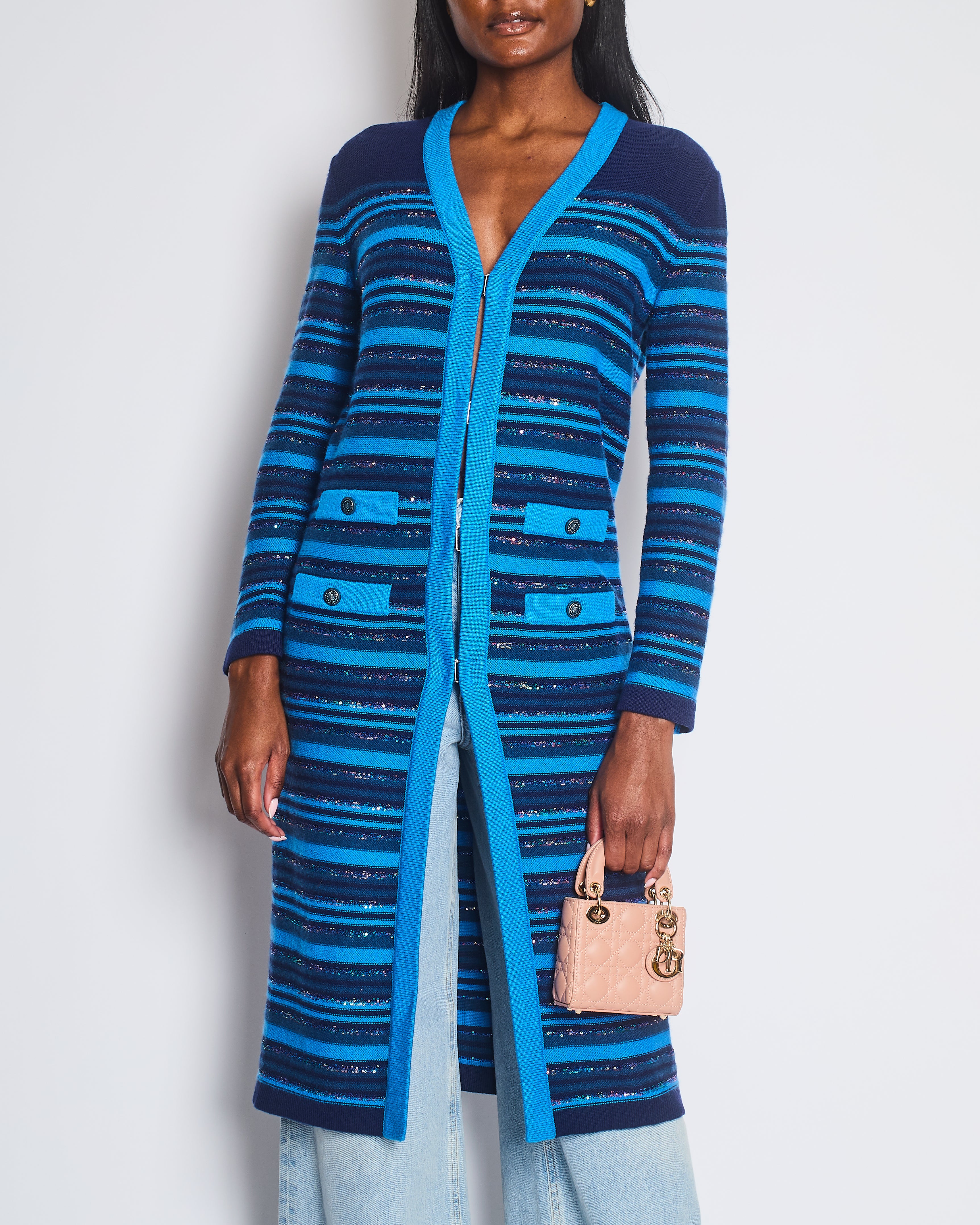 Chanel 20C Blue and Navy Cashmere Striped Long Cardigan with Multicolour Sequins Detail and Silver Camellia CC Buttons Size FR 36 (UK 8) - Image 2