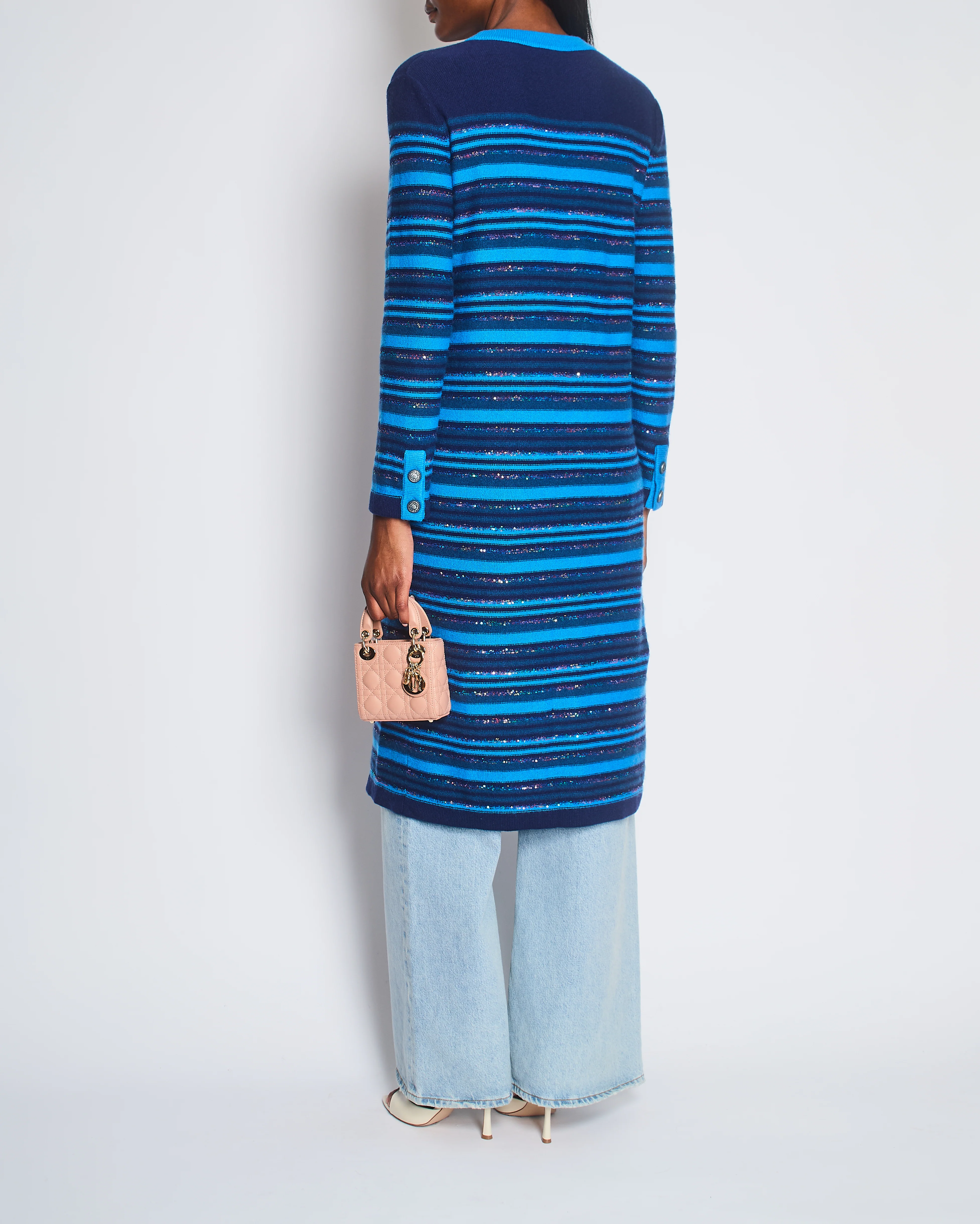Chanel 20C Blue and Navy Cashmere Striped Long Cardigan with Multicolour Sequins Detail and Silver Camellia CC Buttons Size FR 36 (UK 8) - Image 3