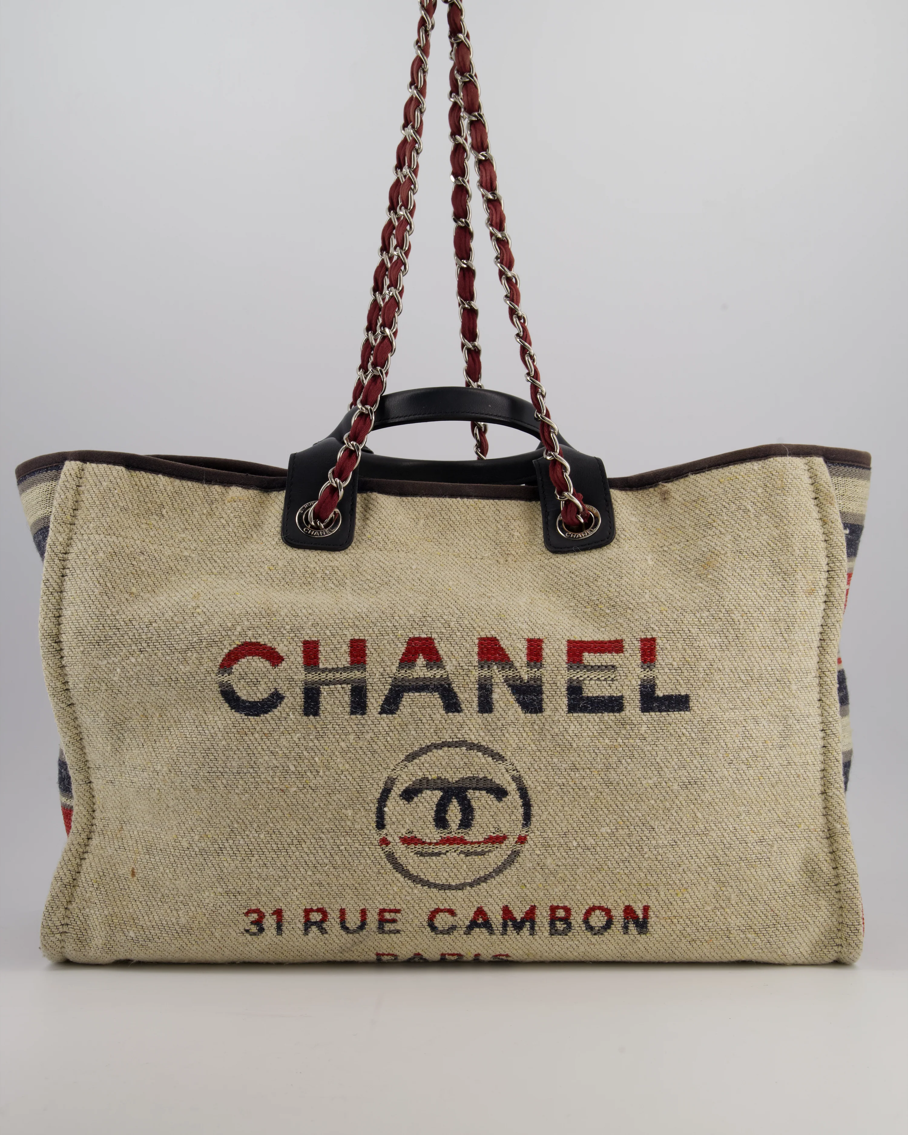 Chanel Blue and Red Medium Deauville Tote with Stripe Detail and Silver Hardware - Image 2