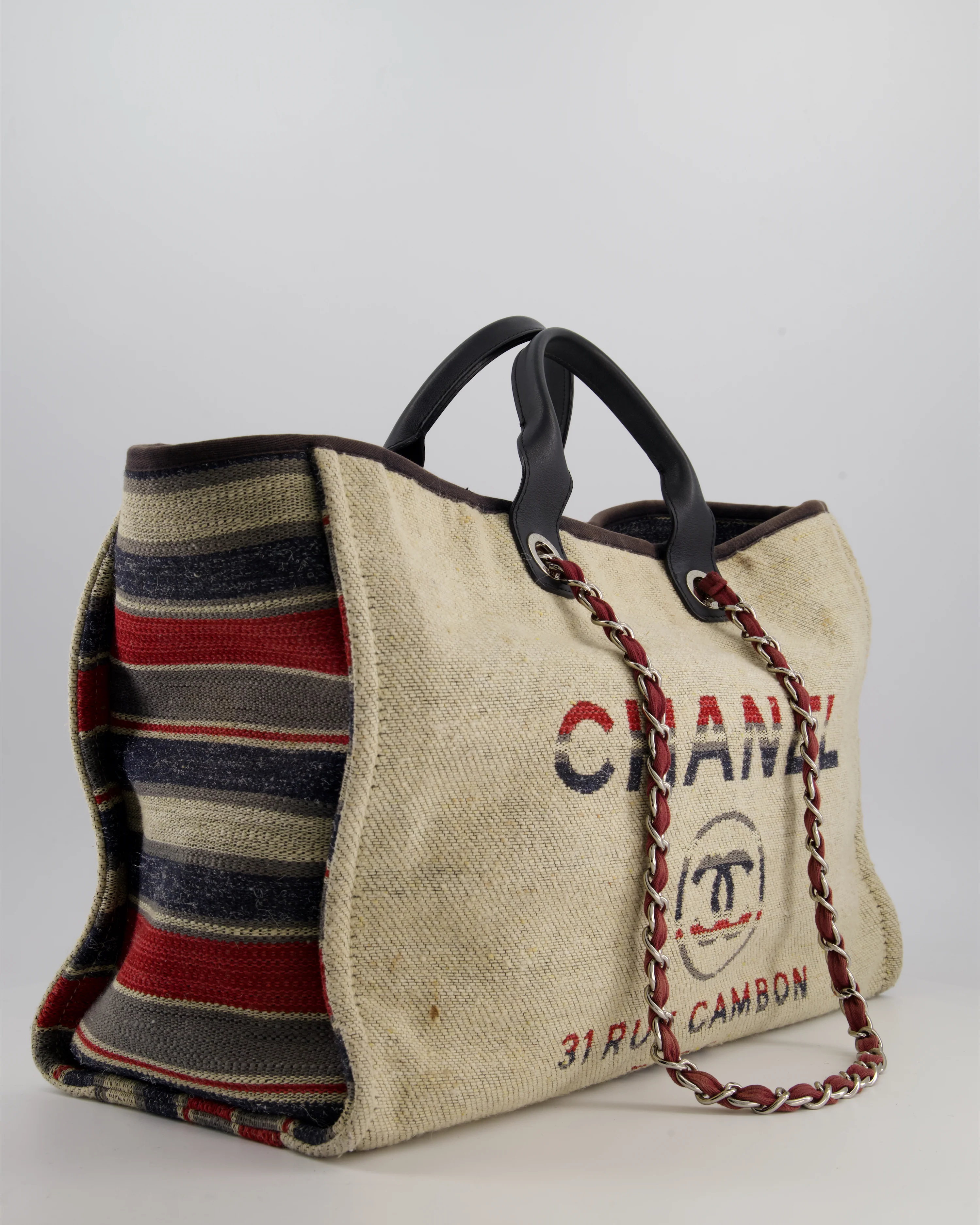 Chanel Blue and Red Medium Deauville Tote with Stripe Detail and Silver Hardware - Image 3
