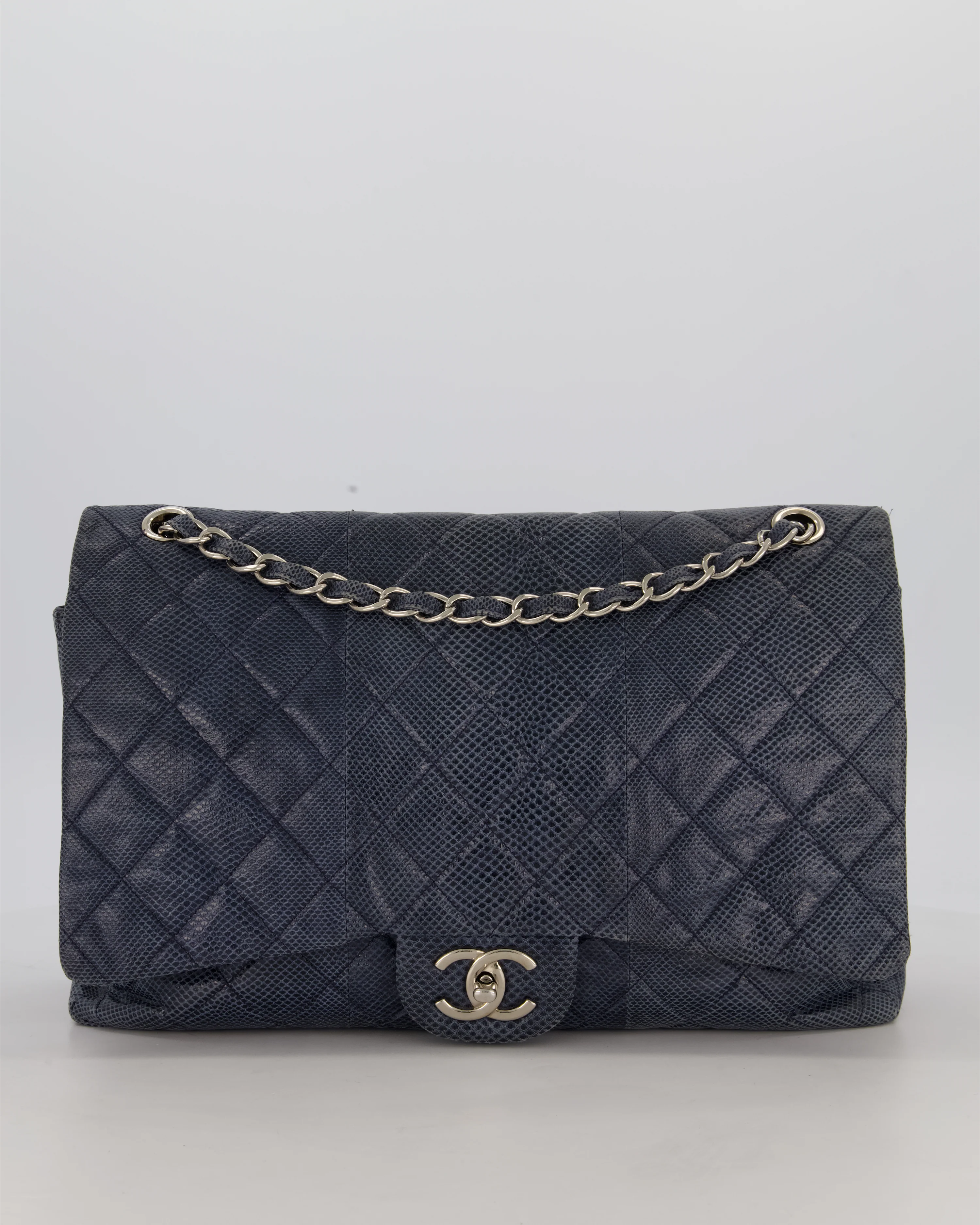 Chanel Blue Classic Maxi Double Flap in Exotic Python Leather with Silver Hardware