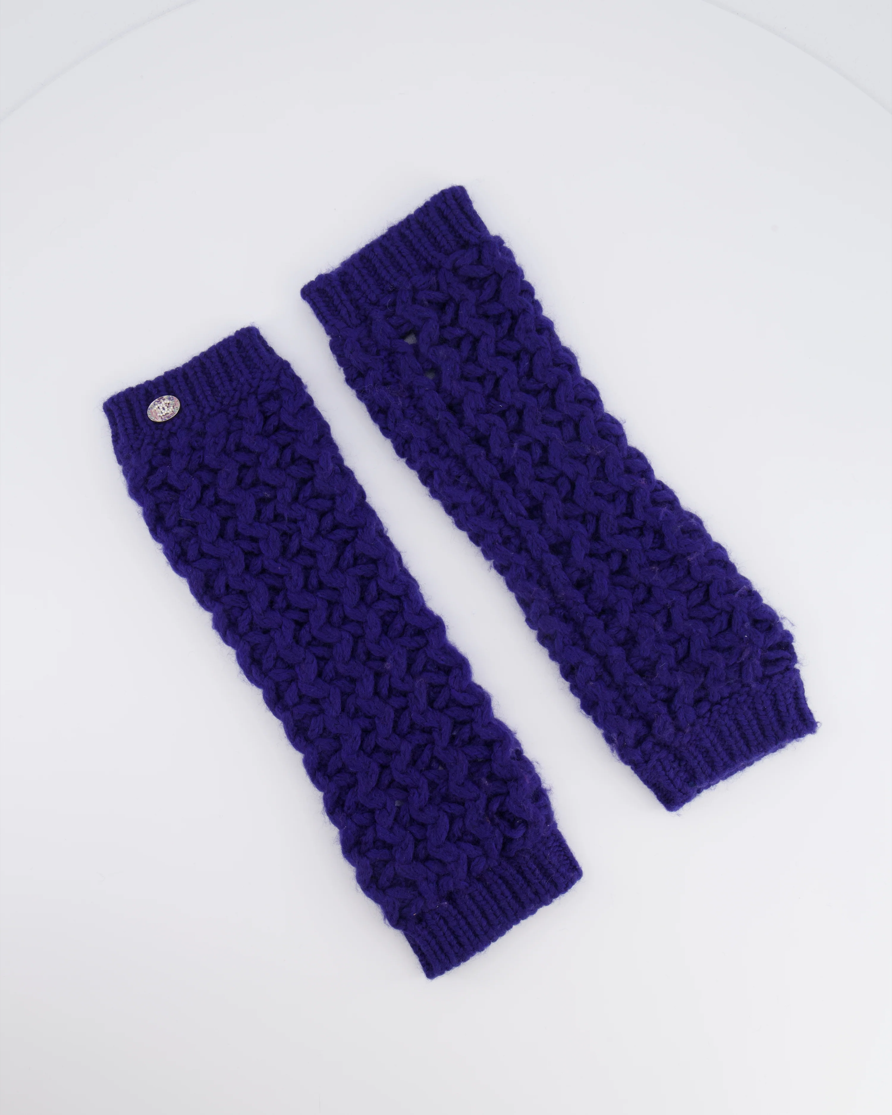 Chanel Resort 2023 Blue Knitted Wool Handwarmers with Multi-Colour Crystal Embellished CC Logo Detail Size S