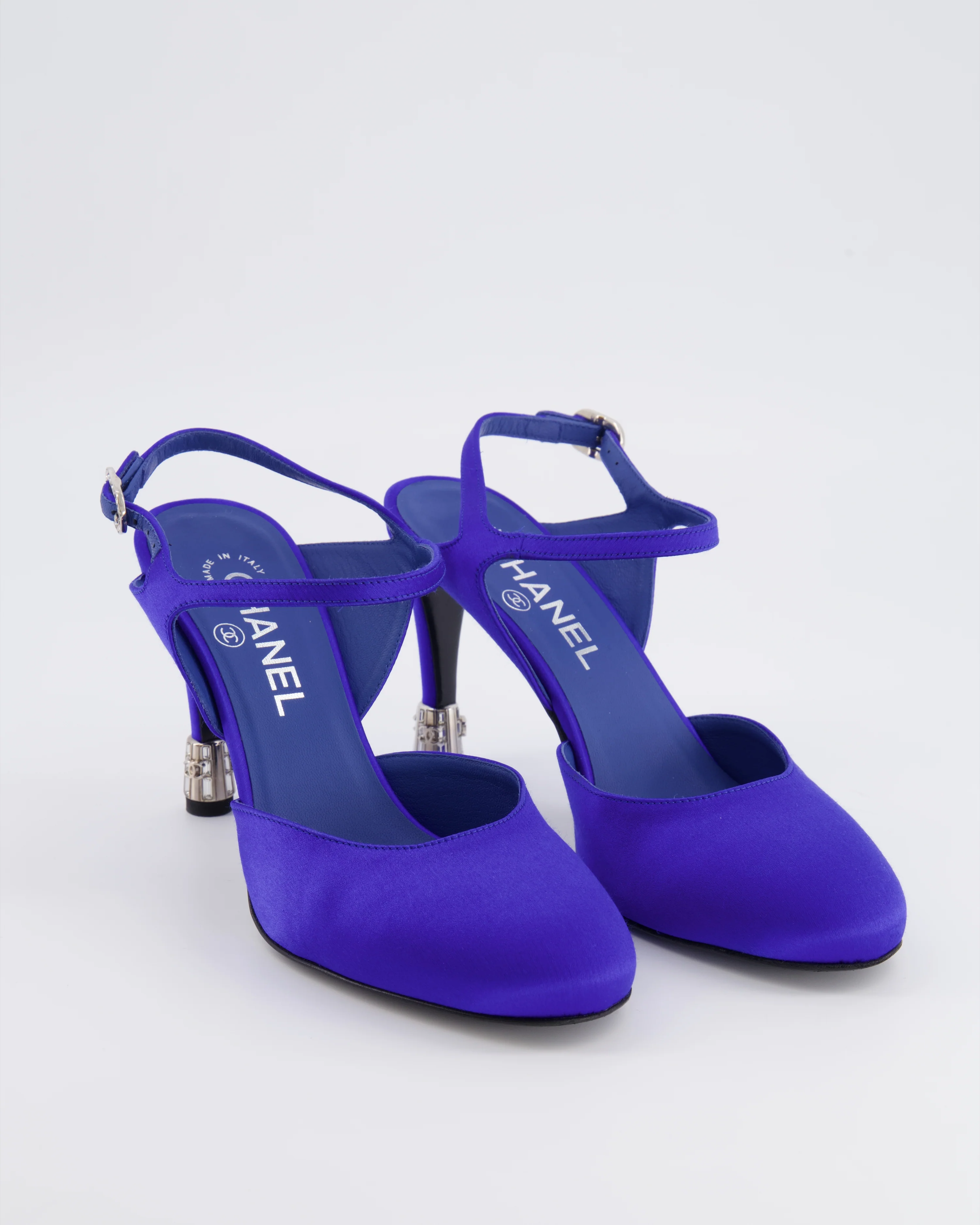 Chanel Blue Satin Ankle-Strap Heels with Silver CC and Crystal Details Size 37 - Image 2