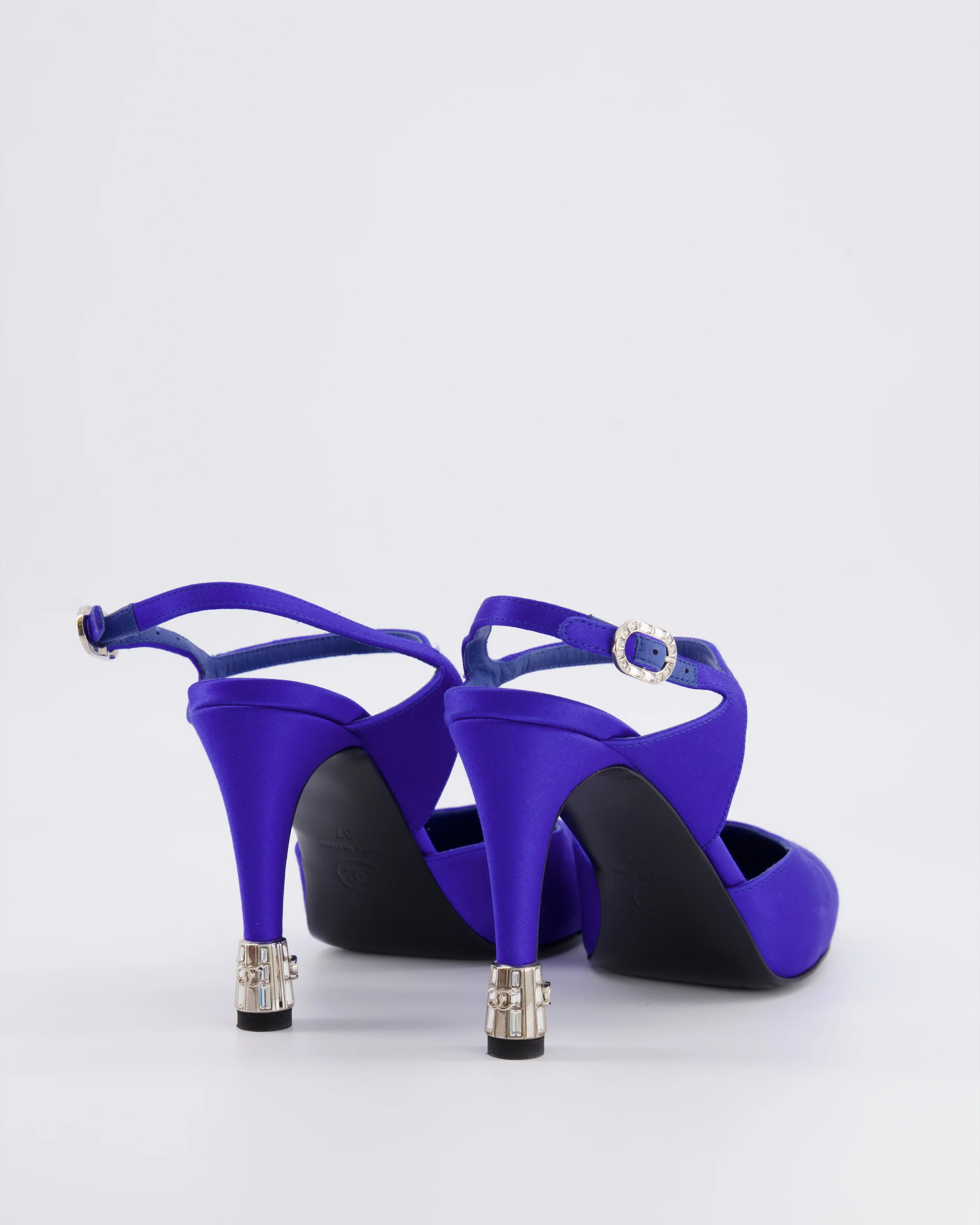 Chanel Blue Satin Ankle-Strap Heels with Silver CC and Crystal Details Size 37 - Image 3