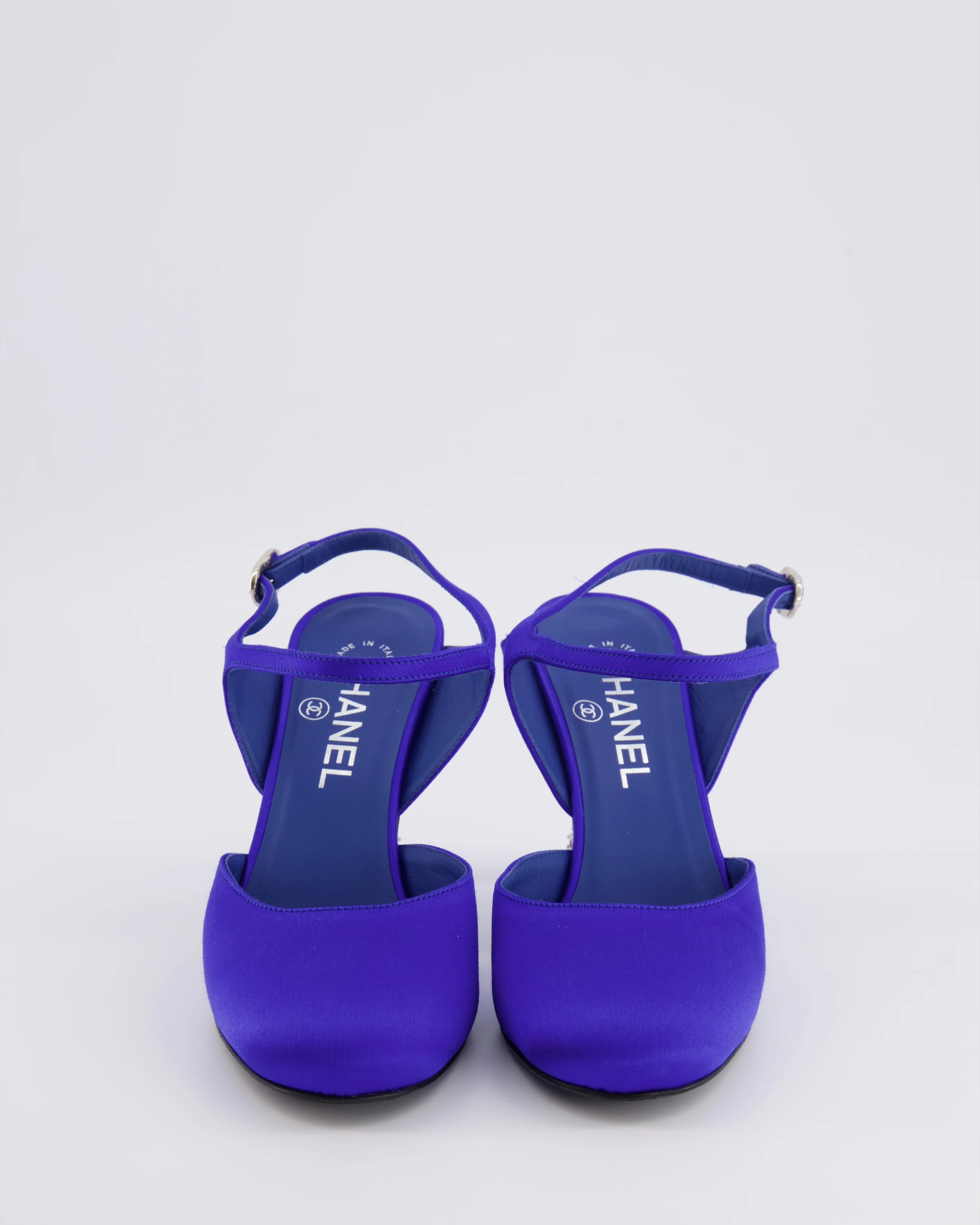 Chanel Blue Satin Ankle-Strap Heels with Silver CC and Crystal Details Size 37 - Image 4