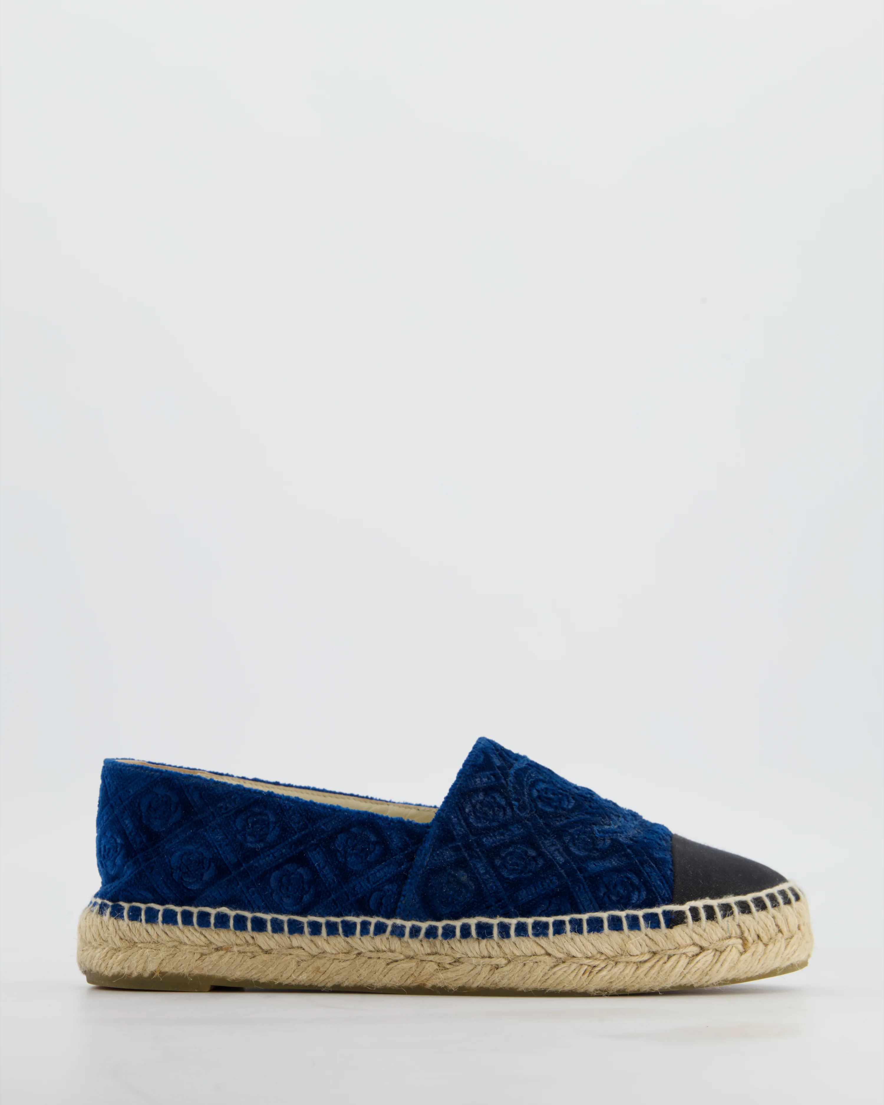 Chanel Blue Velvet Rose Print Espadrilles with CC Logo Size EU 37