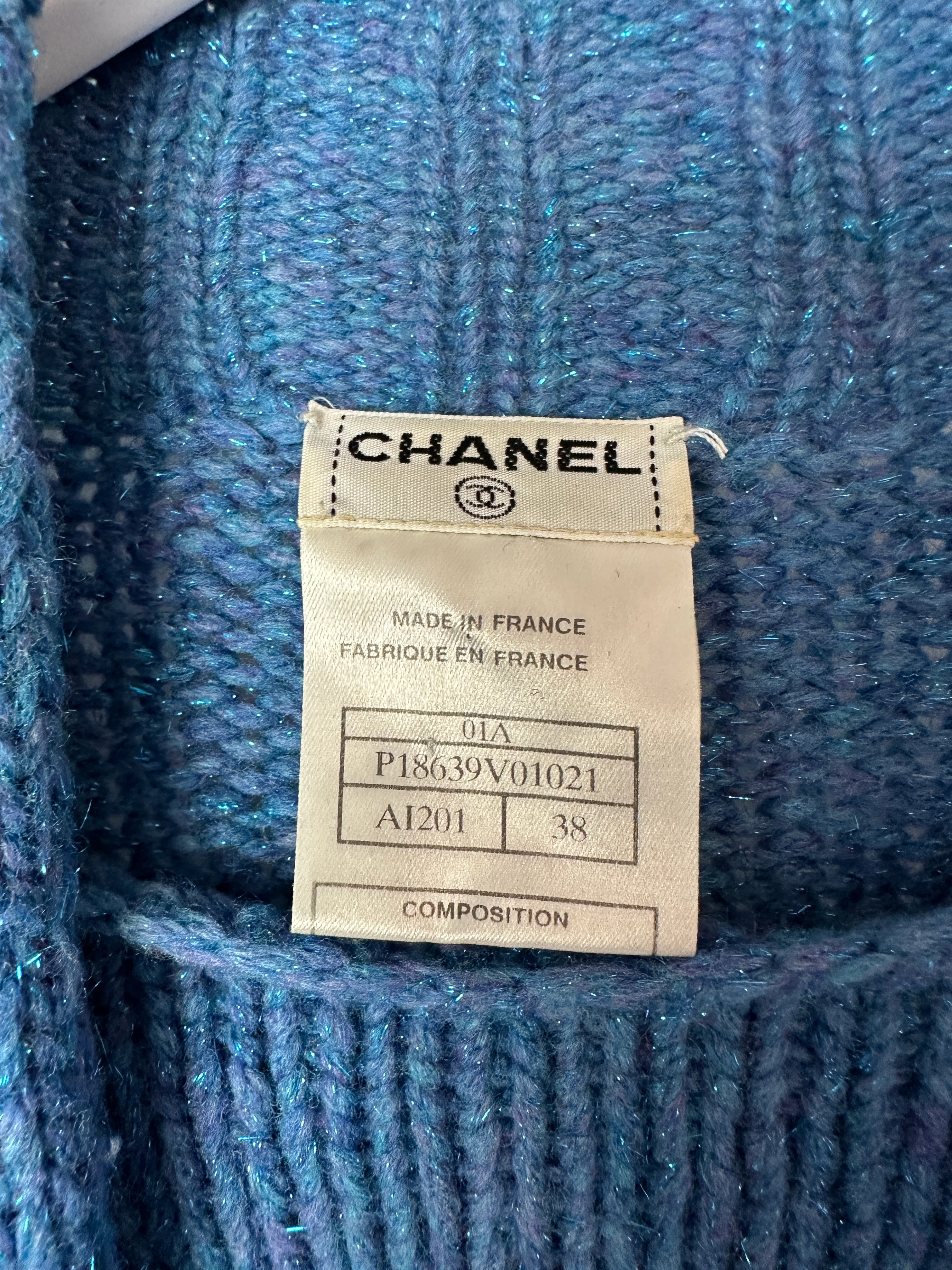 Chanel 01/A Blue Wool Jumper With Scarf Tie and Sparkle Detail Size FR 38 (UK 10) - Image 11