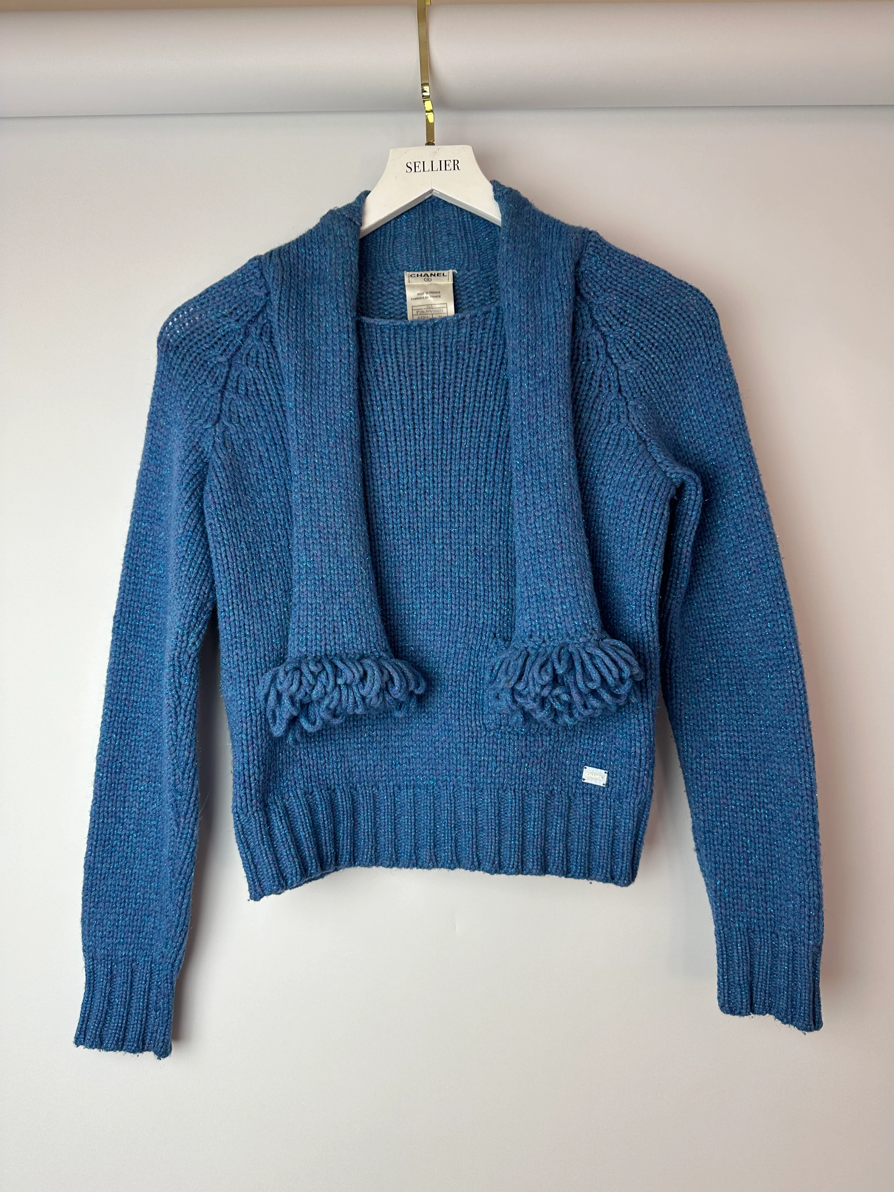 Chanel 01/A Blue Wool Jumper With Scarf Tie and Sparkle Detail Size FR 38 (UK 10) - Image 9