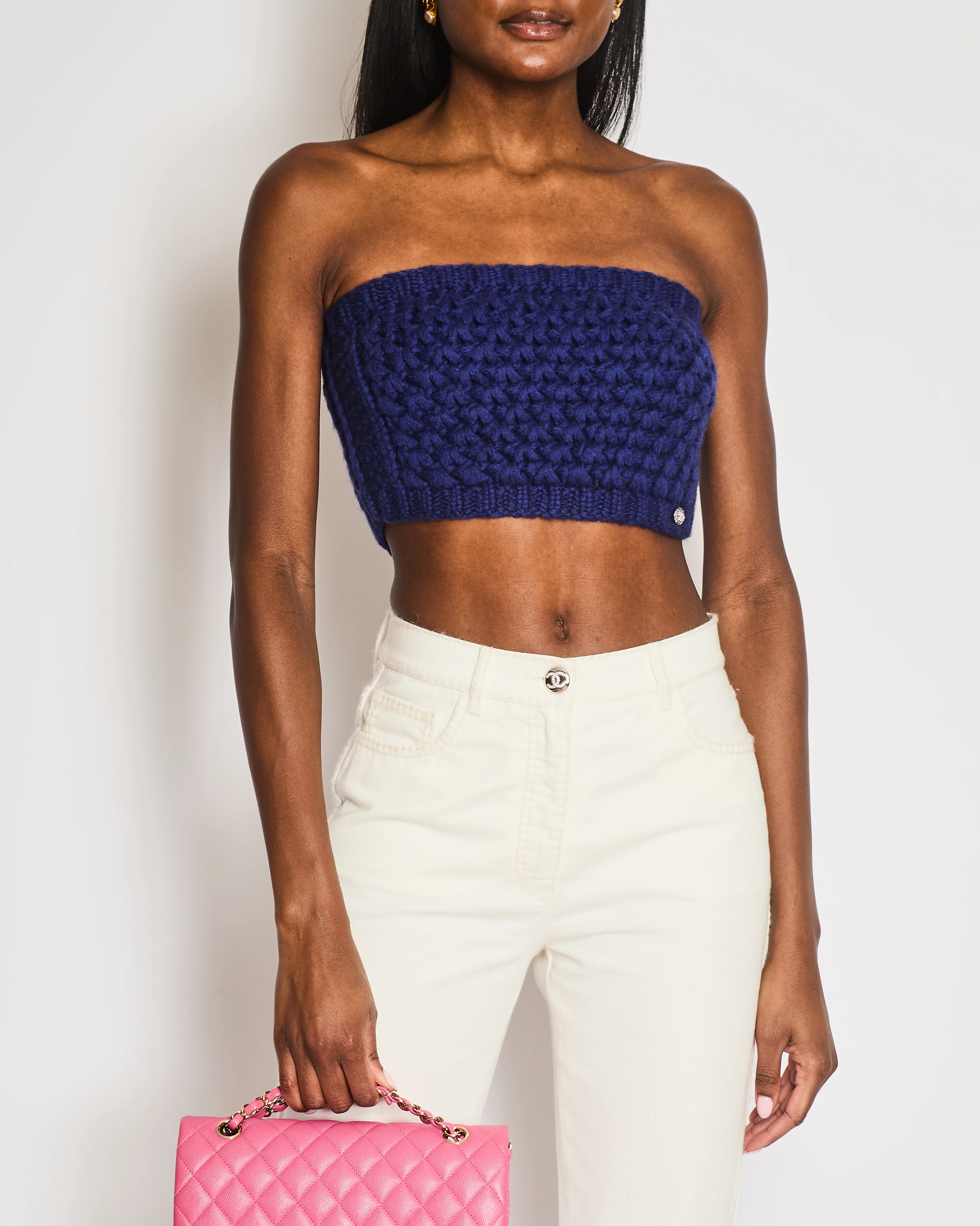 Chanel Resort 2023 Blue Wool Knitted Bandeau Cropped Top with Multi-Colour Crystal Embellished CC Logo Button Size S (UK 8)