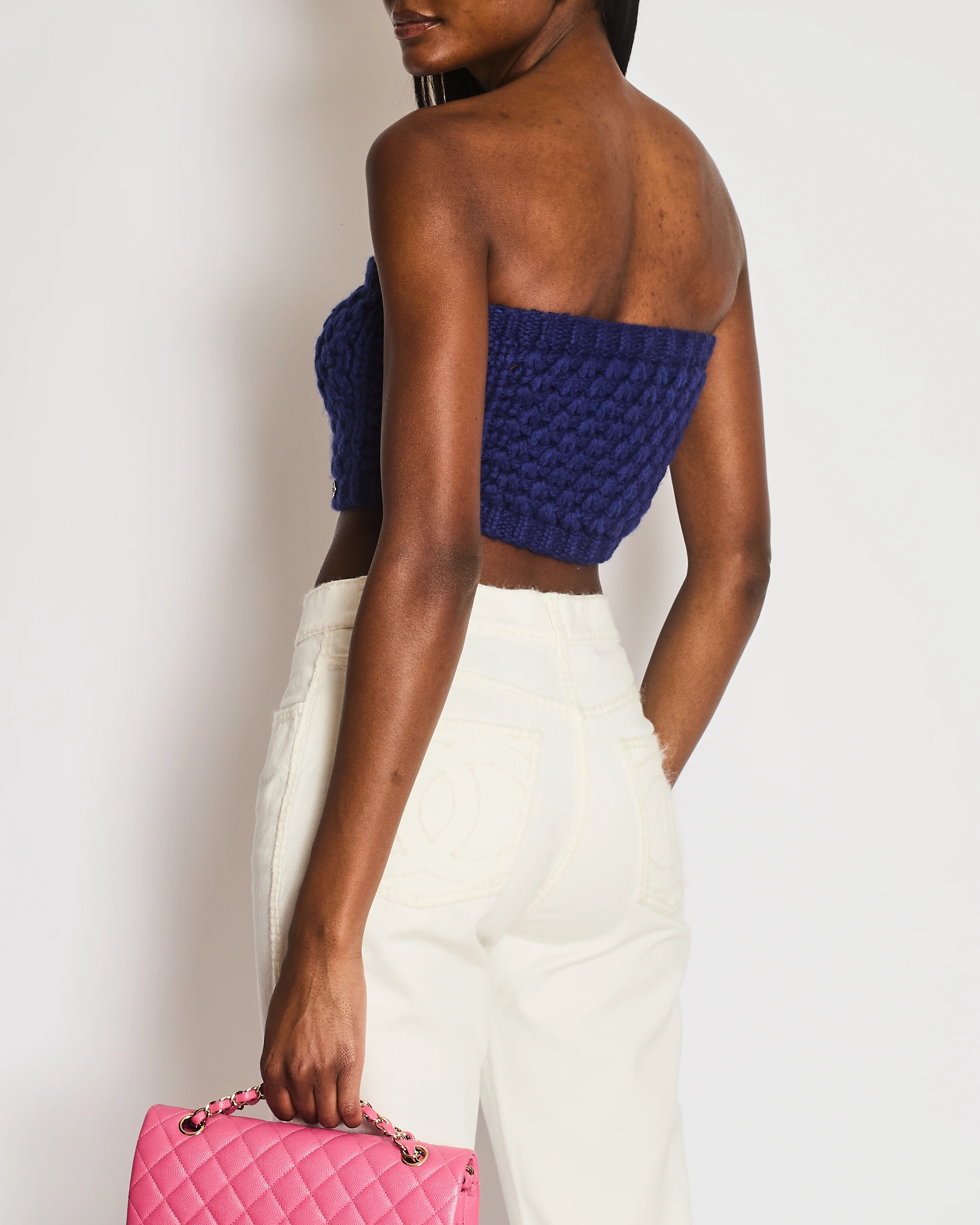Chanel Resort 2023 Blue Wool Knitted Bandeau Cropped Top with Multi-Colour Crystal Embellished CC Logo Button Size S (UK 8) - Image 5