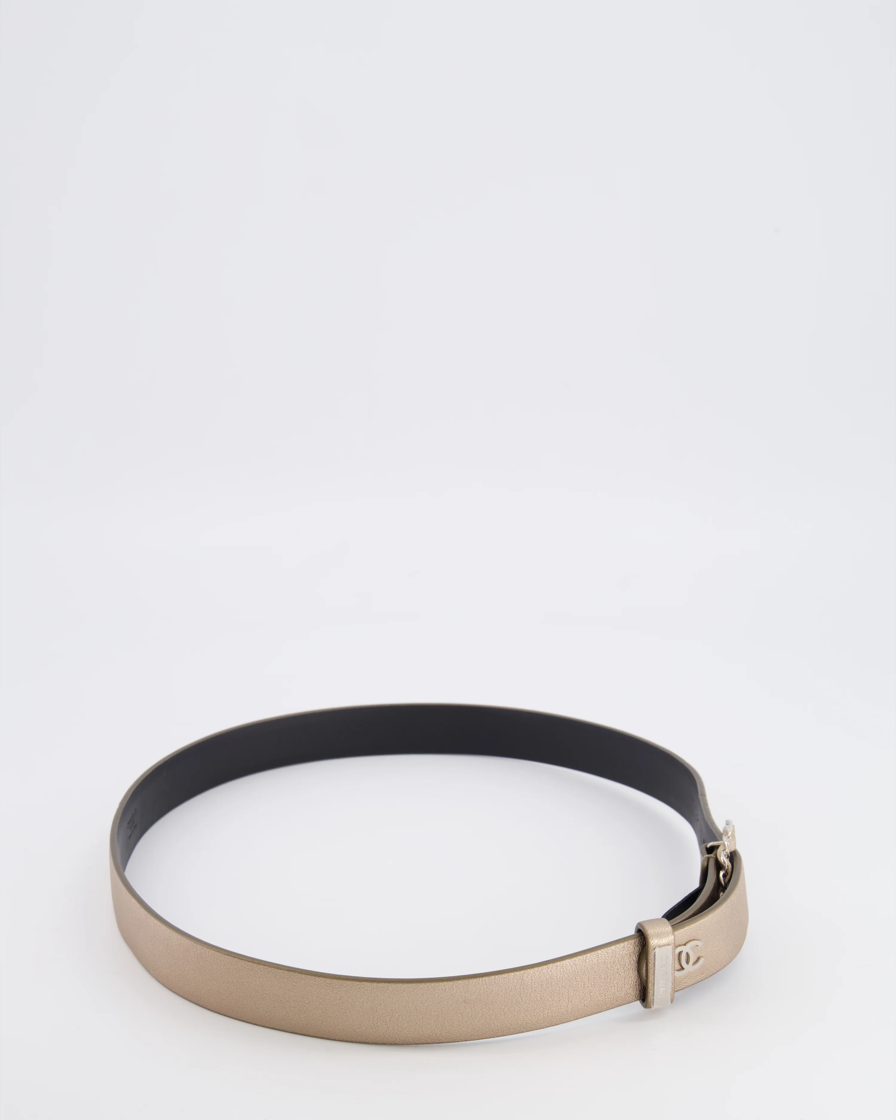 Chanel Bronze Metallic Leather Belt with Silver Round Chain Buckle and Silver Logo Plate Detail 80cm - Image 3