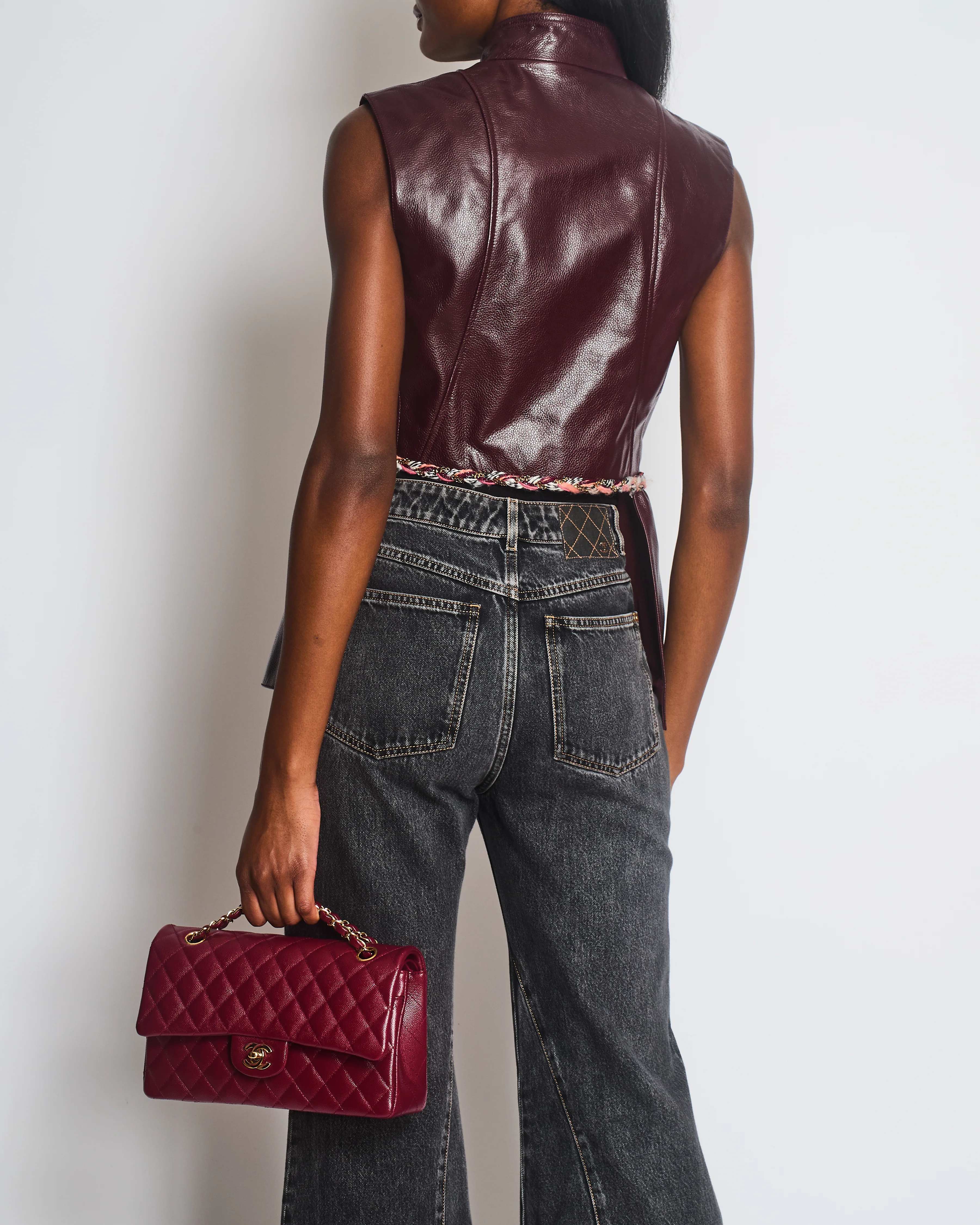 Chanel 2023 Metiers des Arts Burgundy Bordeaux Leather Gilet with Tweed Trim and Peplum Hem Size FR 36 (UK 8) - Image 8