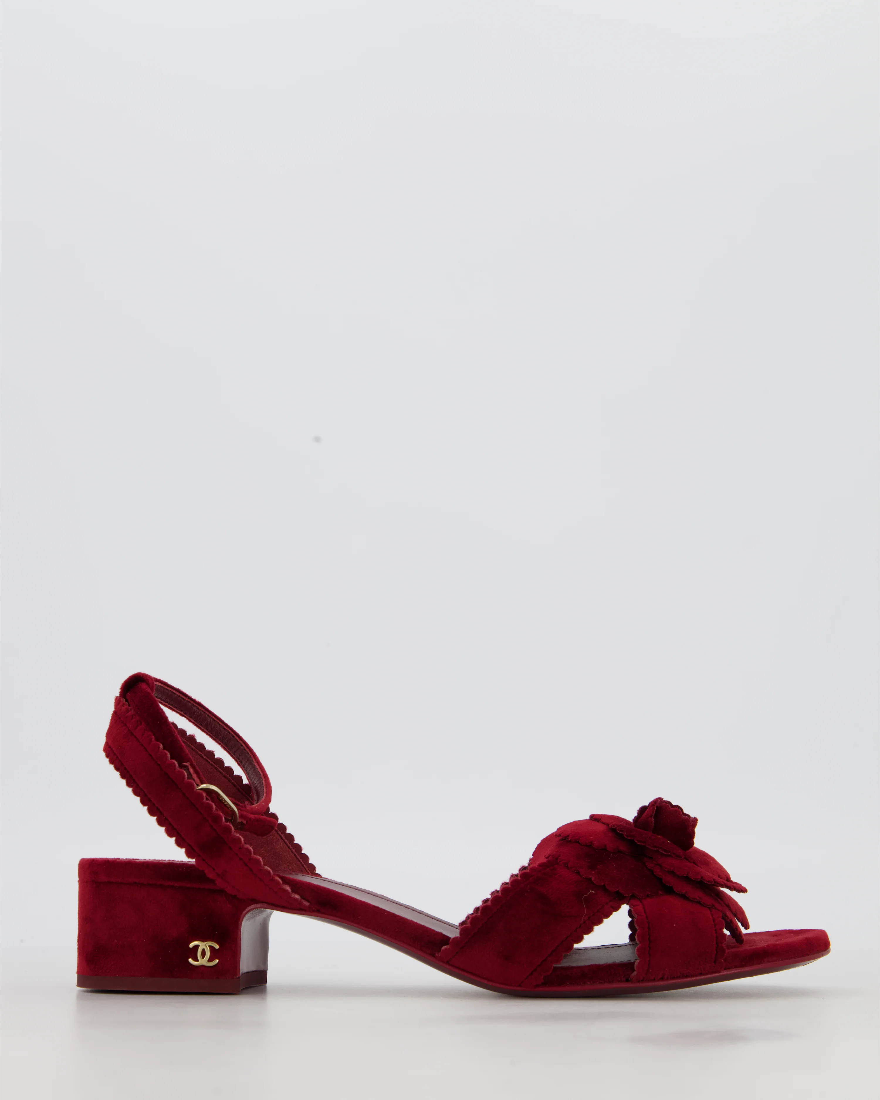 Chanel Burgundy Velvet Floral Camellia Slingback Sandals with Pearl Details Size EU 40