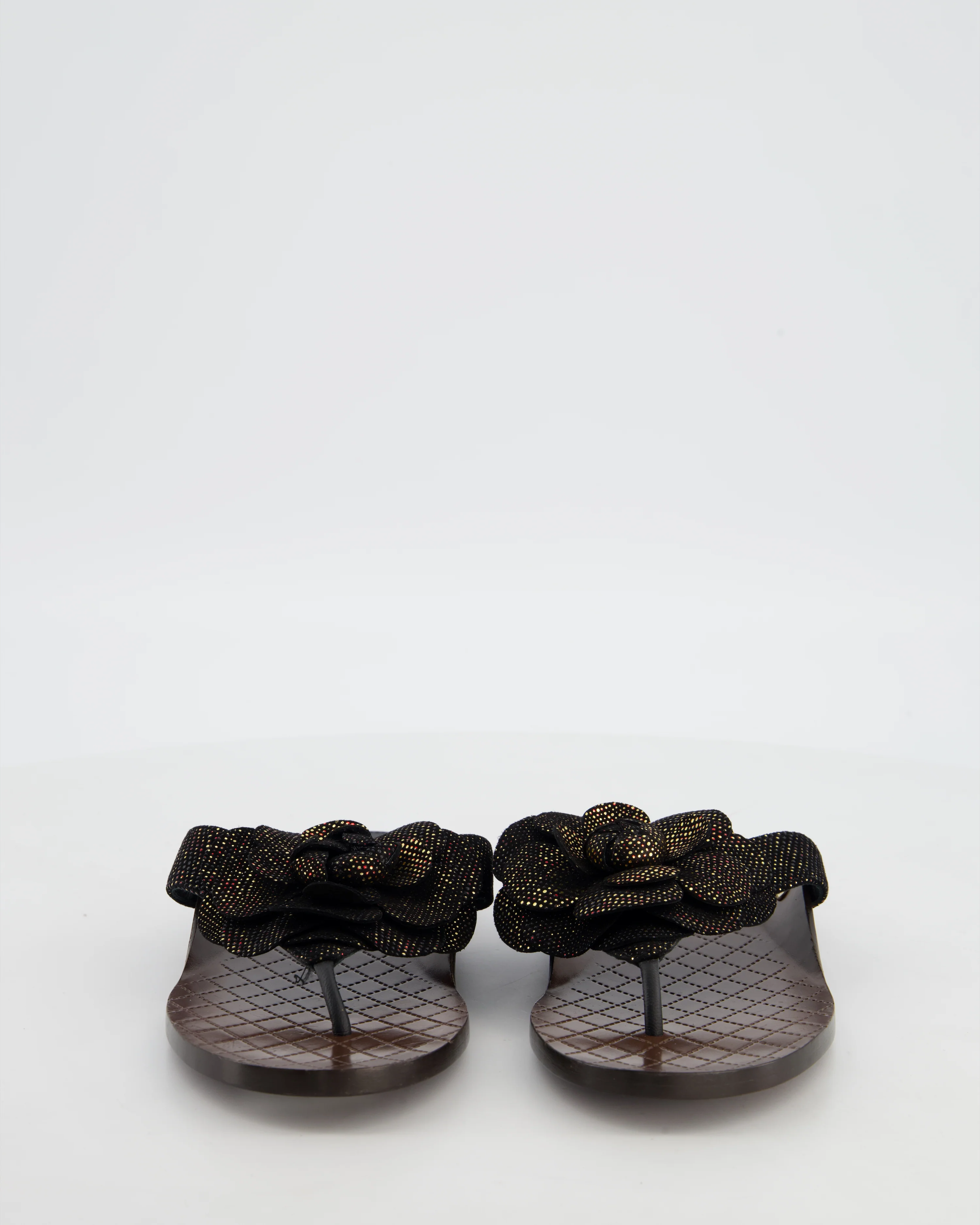 Chanel Black Metallic Suede Camellia Sandals Size EU 37 - Image 4