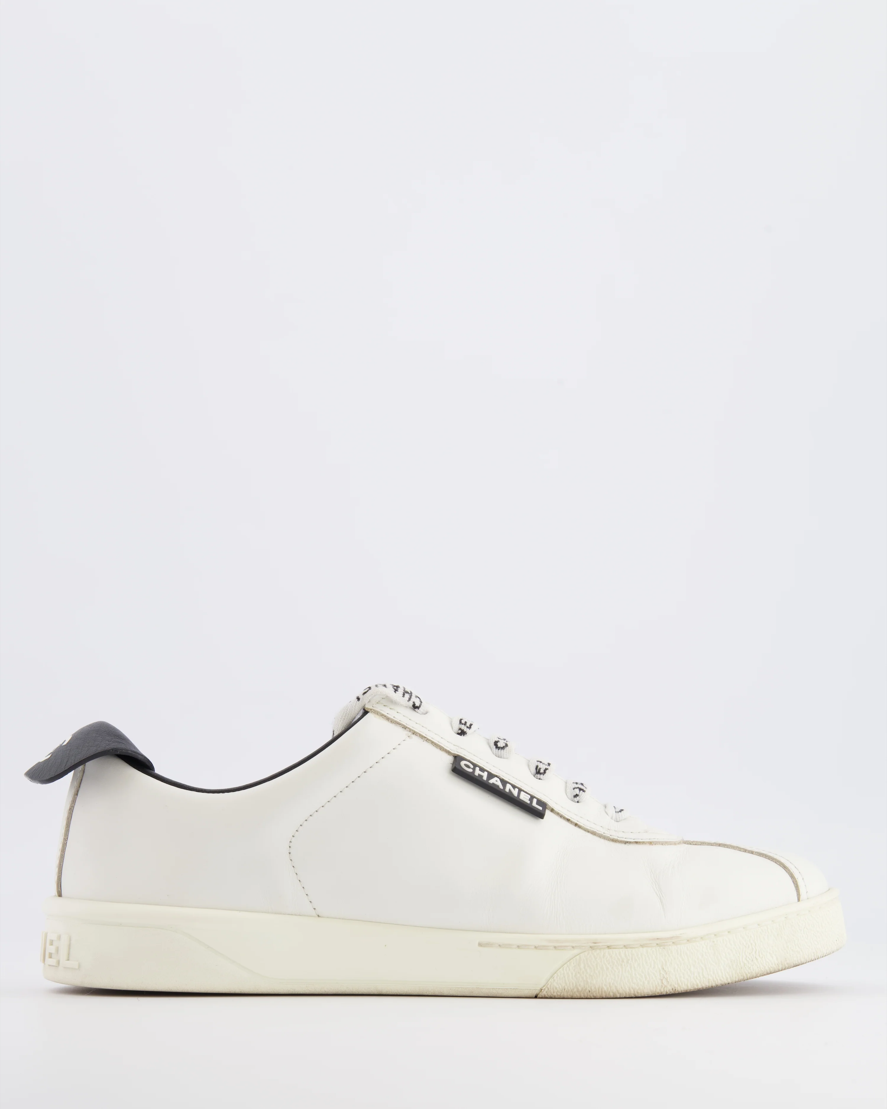 Chanel CC Logo Court Trainers in White Leather with Black Details and Back CC Logo Size EU 37.5