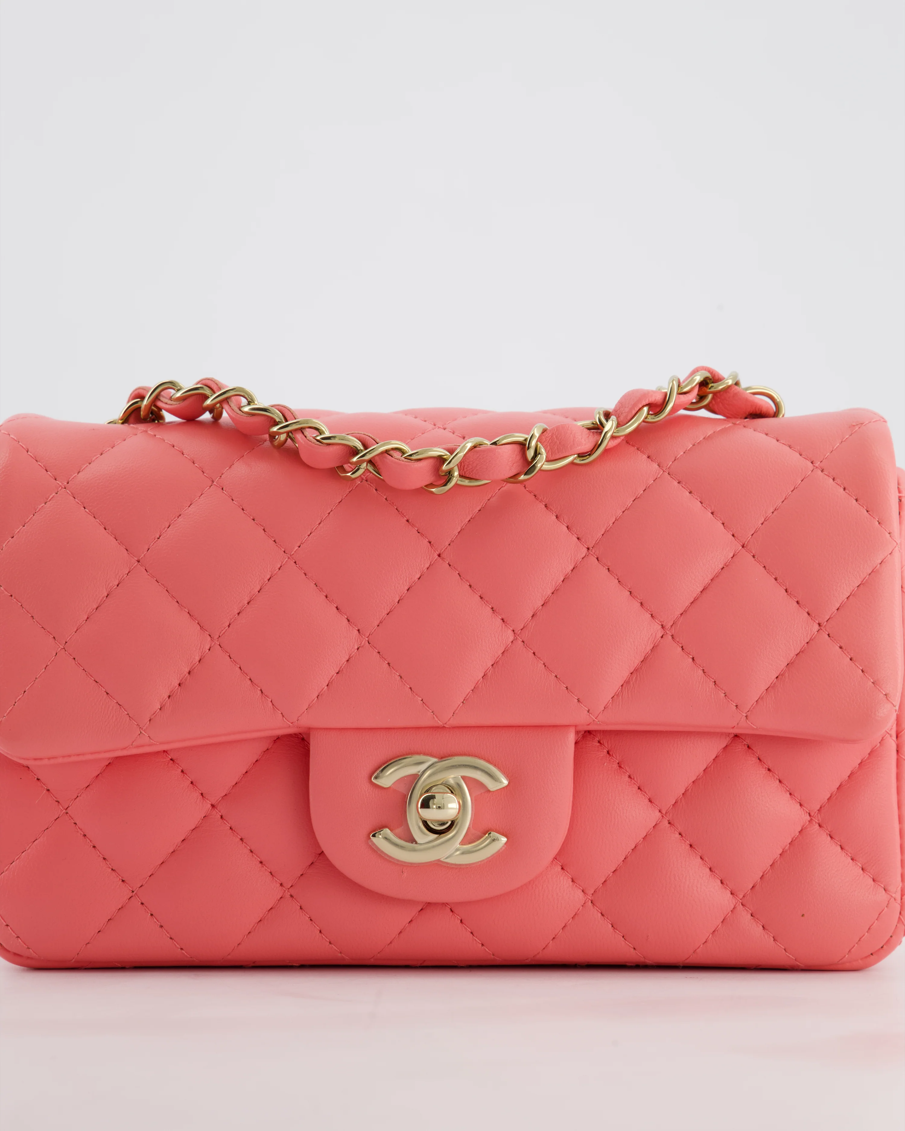 Chanel Classic Mini Rectangular Flap Bag in Hot Pink Lambskin Leather with Champagne Gold Hardware - Image 15