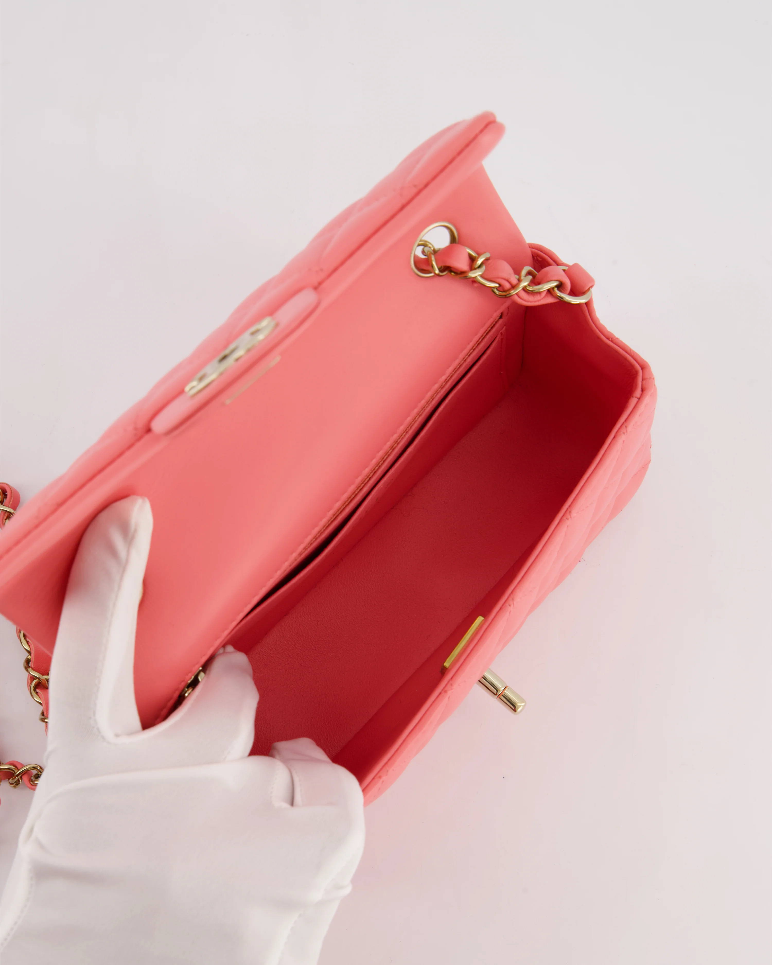 Chanel Classic Mini Rectangular Flap Bag in Hot Pink Lambskin Leather with Champagne Gold Hardware - Image 17