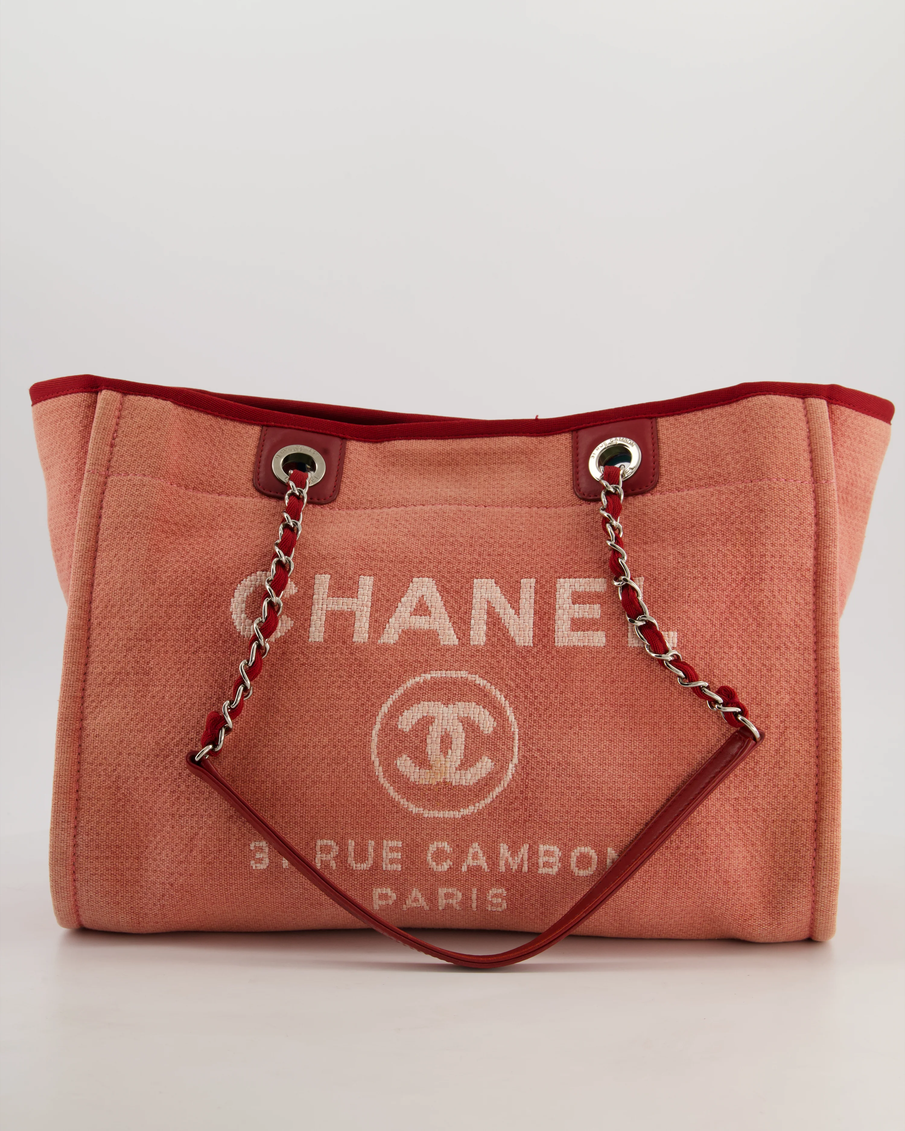 Chanel Coral Pink Burgundy Small Canvas Deauville Tote Bag with Silver Hardware