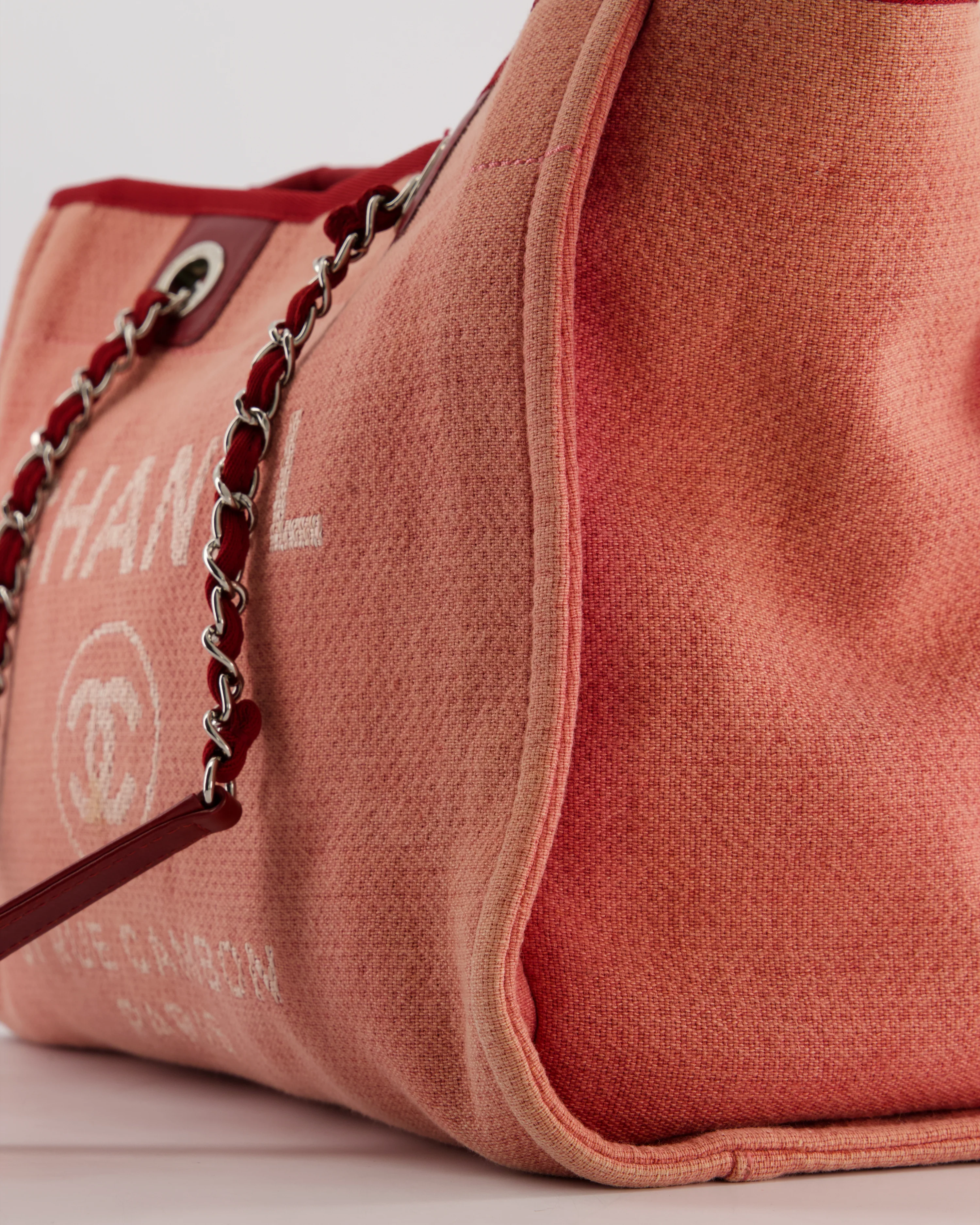 Chanel Coral Pink Burgundy Small Canvas Deauville Tote Bag with Silver Hardware - Image 10