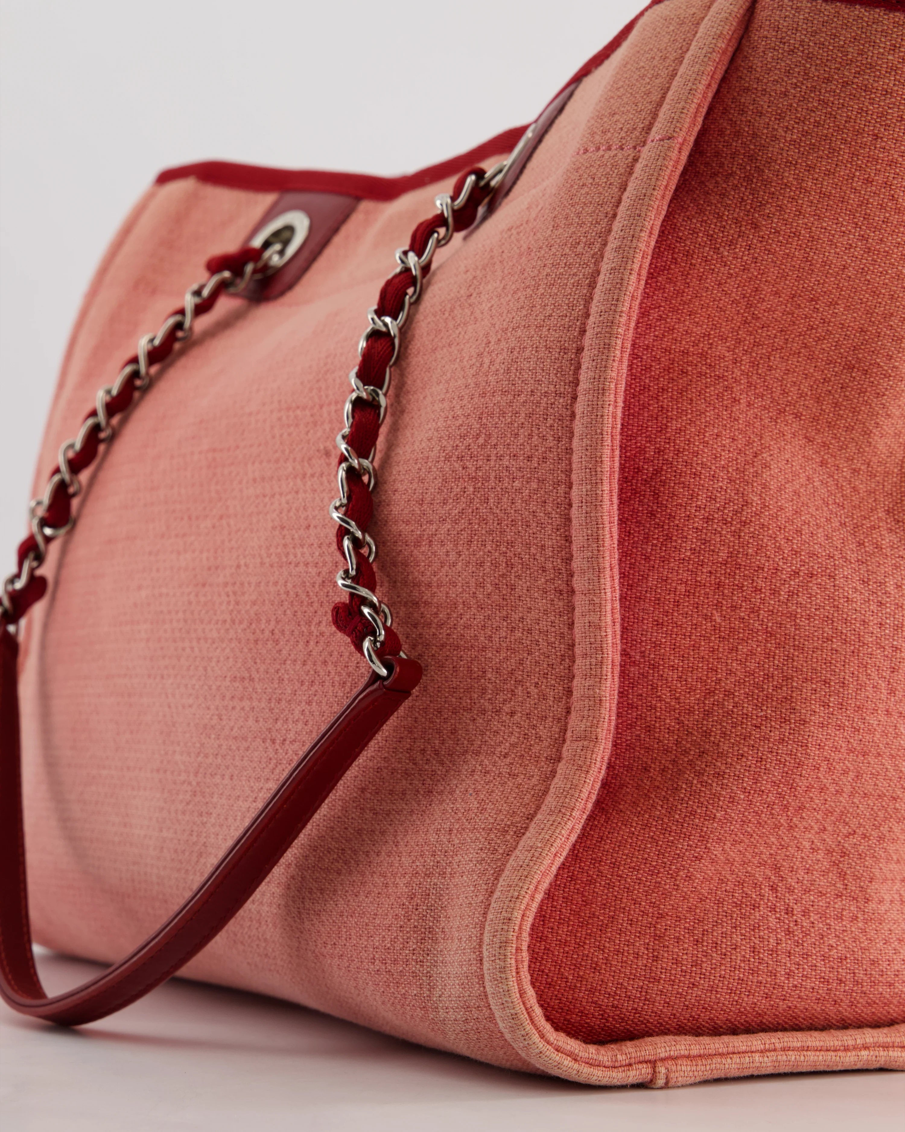 Chanel Coral Pink Burgundy Small Canvas Deauville Tote Bag with Silver Hardware - Image 11