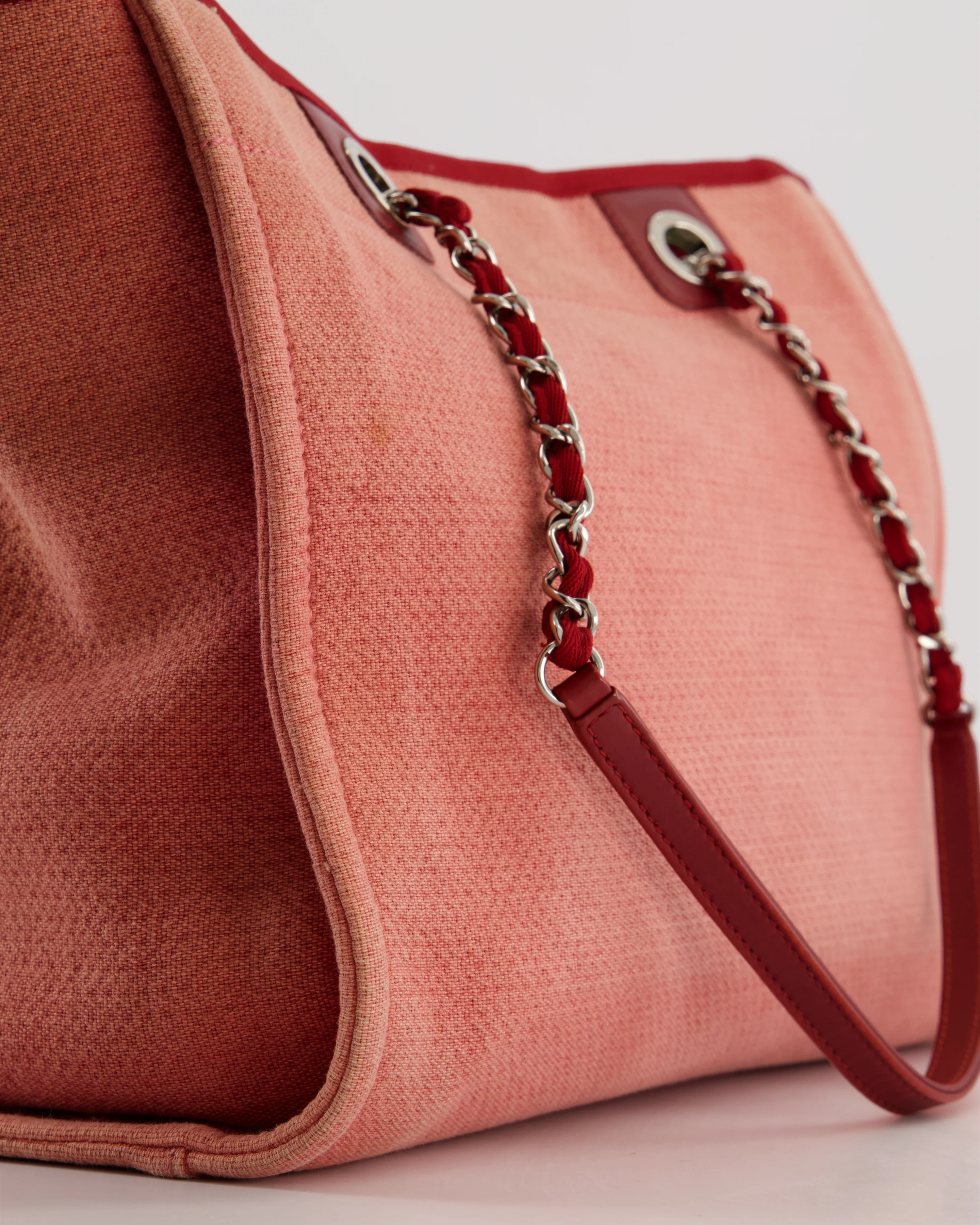 Chanel Coral Pink Burgundy Small Canvas Deauville Tote Bag with Silver Hardware - Image 12