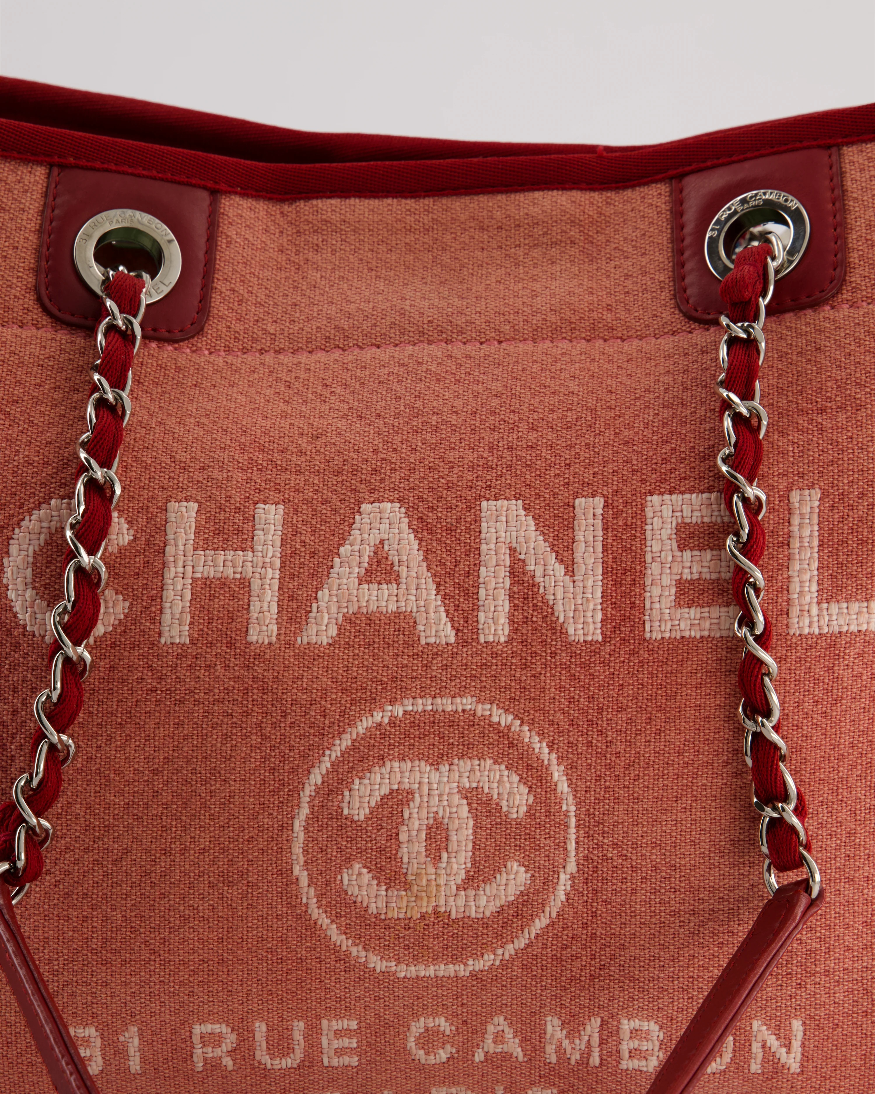 Chanel Coral Pink Burgundy Small Canvas Deauville Tote Bag with Silver Hardware - Image 13