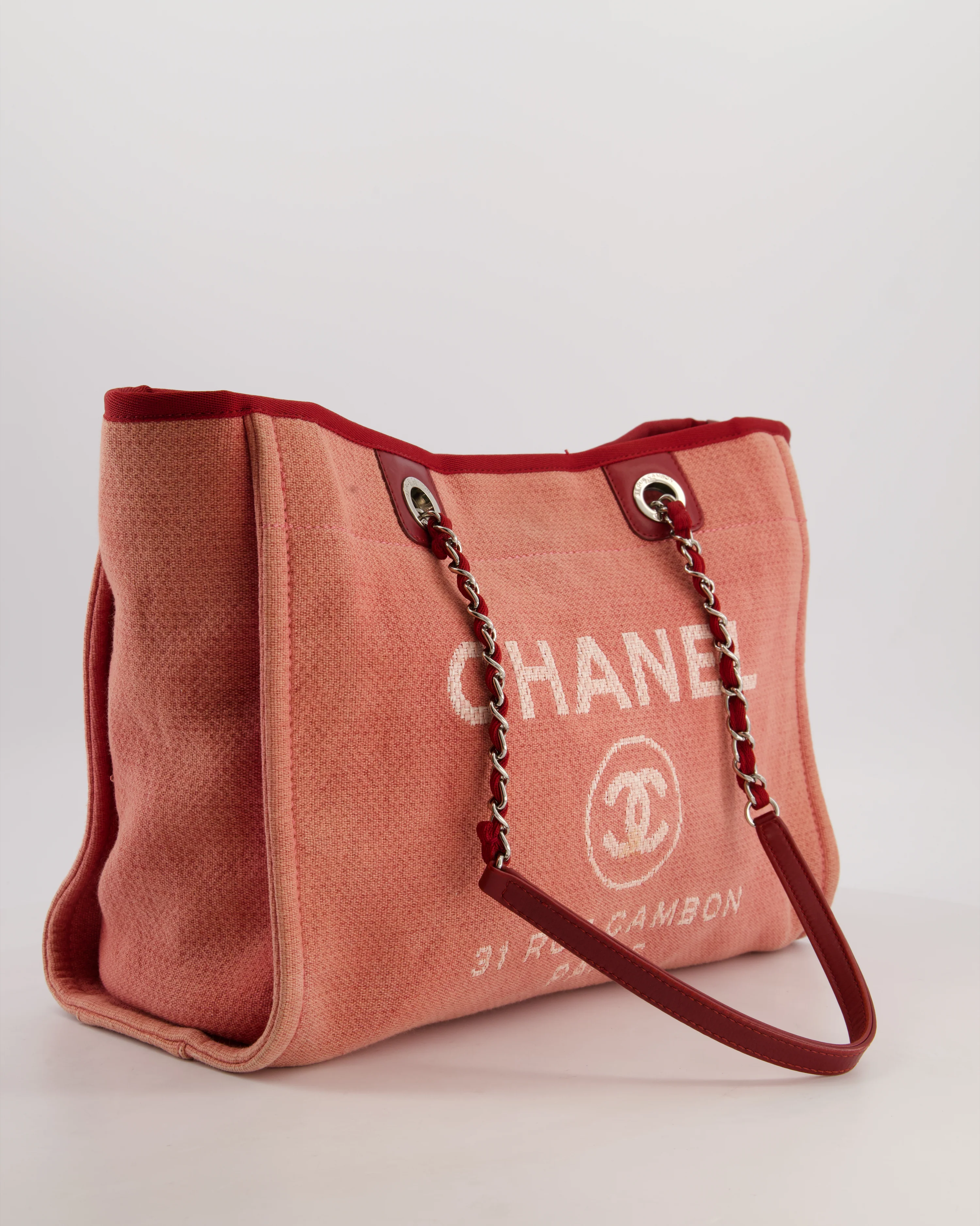 Chanel Coral Pink Burgundy Small Canvas Deauville Tote Bag with Silver Hardware - Image 14