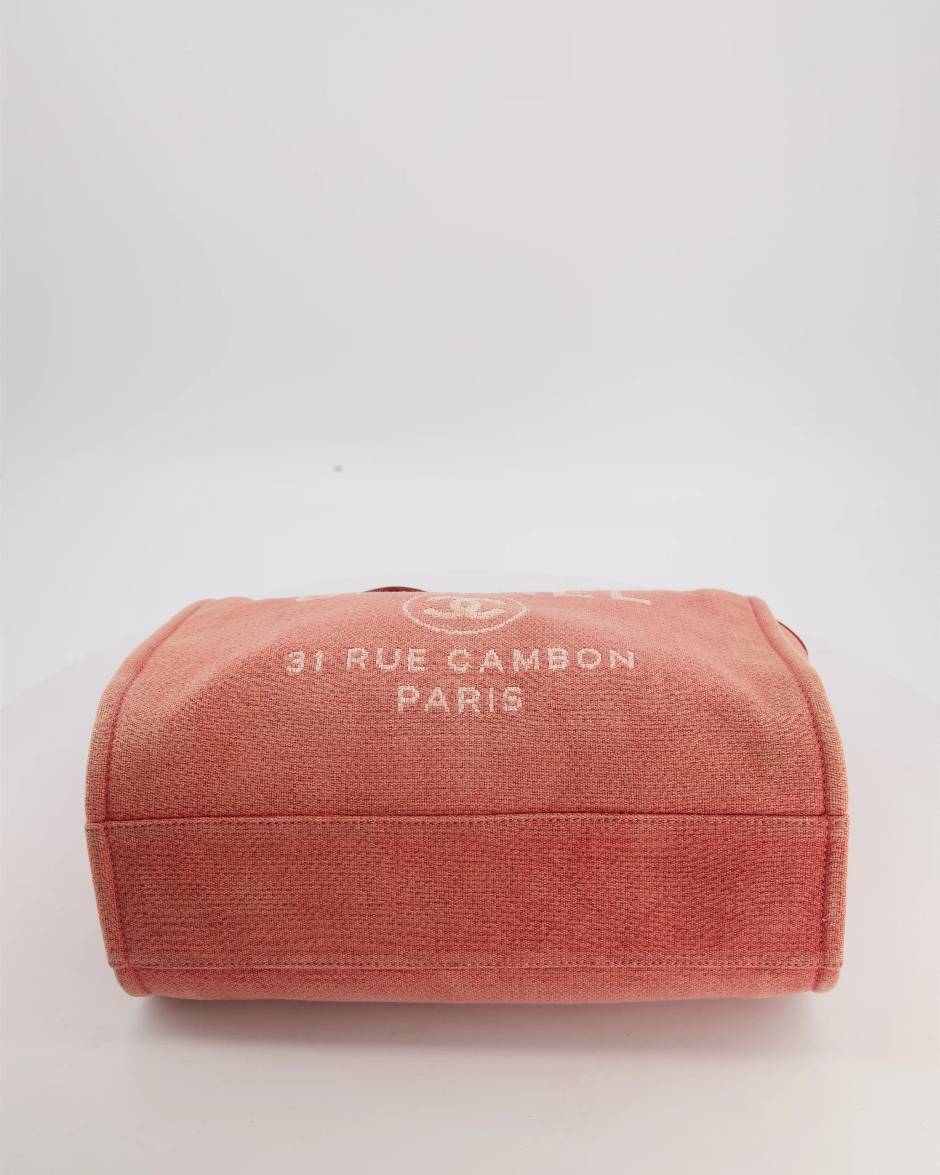 Chanel Coral Pink Burgundy Small Canvas Deauville Tote Bag with Silver Hardware - Image 15