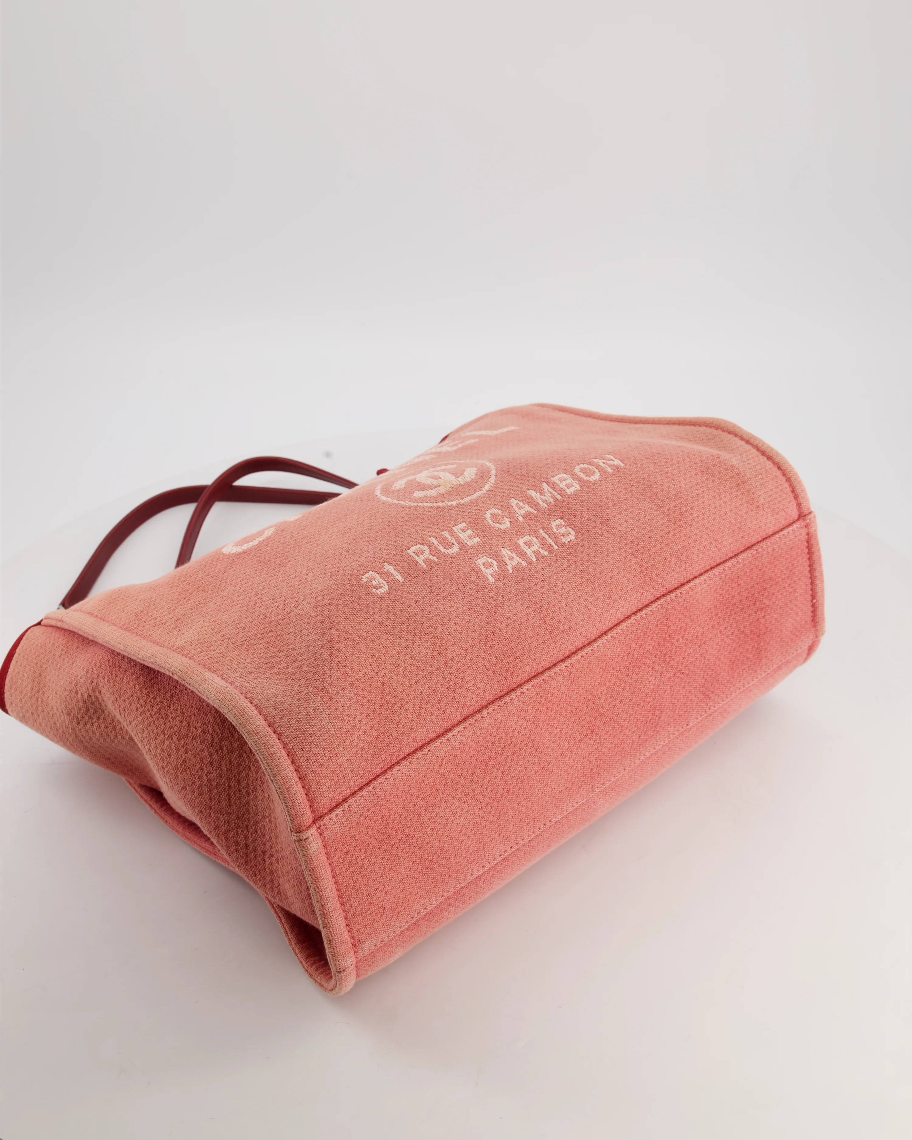 Chanel Coral Pink Burgundy Small Canvas Deauville Tote Bag with Silver Hardware - Image 16