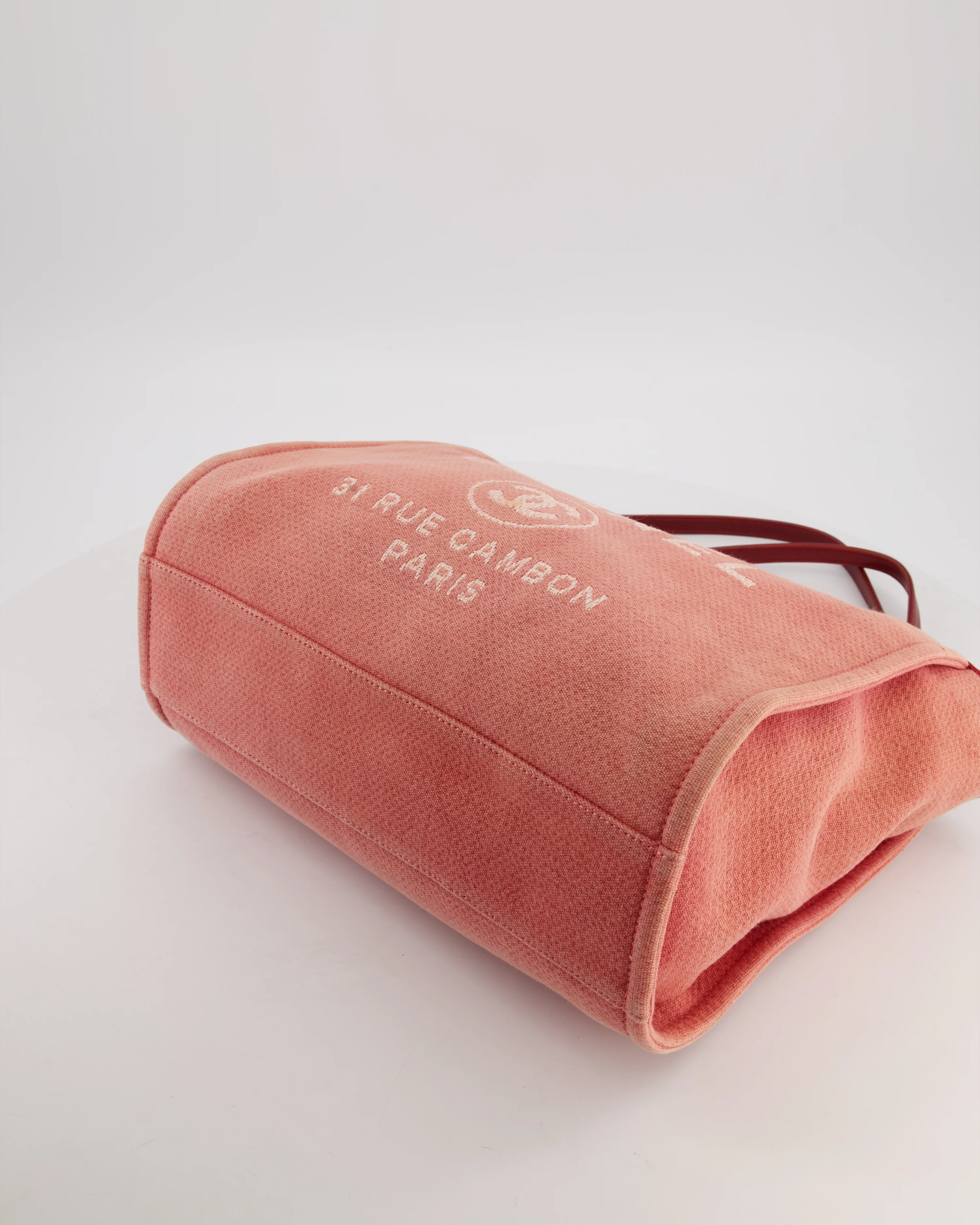 Chanel Coral Pink Burgundy Small Canvas Deauville Tote Bag with Silver Hardware - Image 17