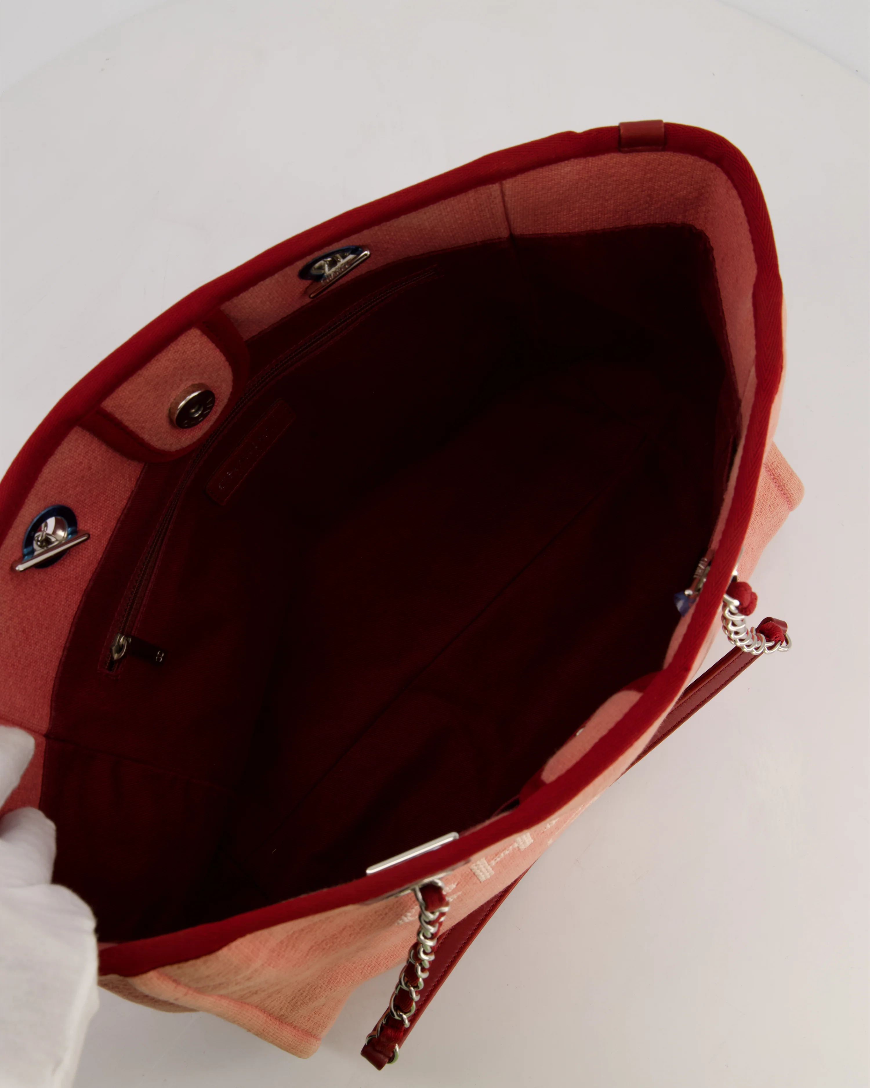 Chanel Coral Pink Burgundy Small Canvas Deauville Tote Bag with Silver Hardware - Image 18