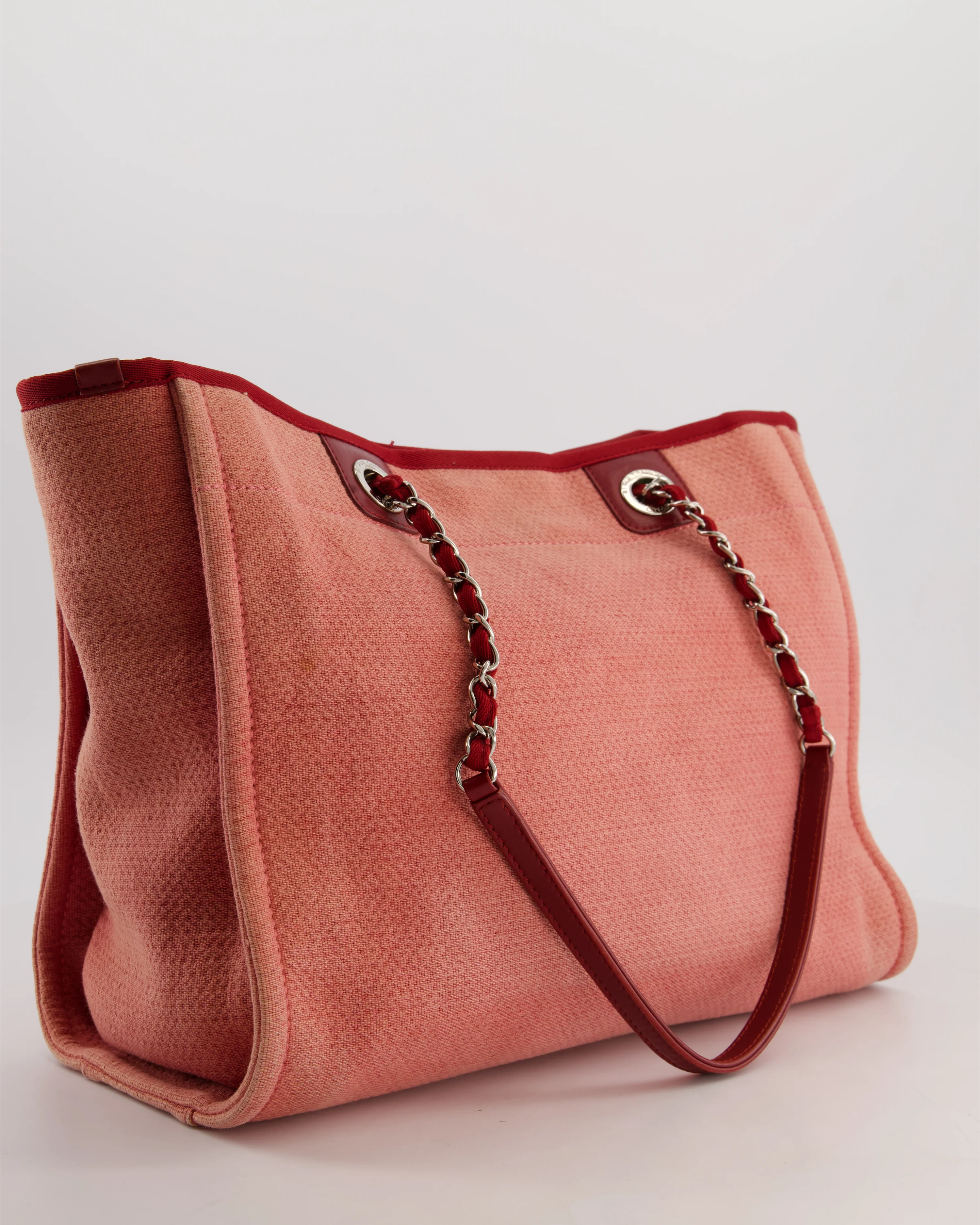 Chanel Coral Pink Burgundy Small Canvas Deauville Tote Bag with Silver Hardware - Image 6
