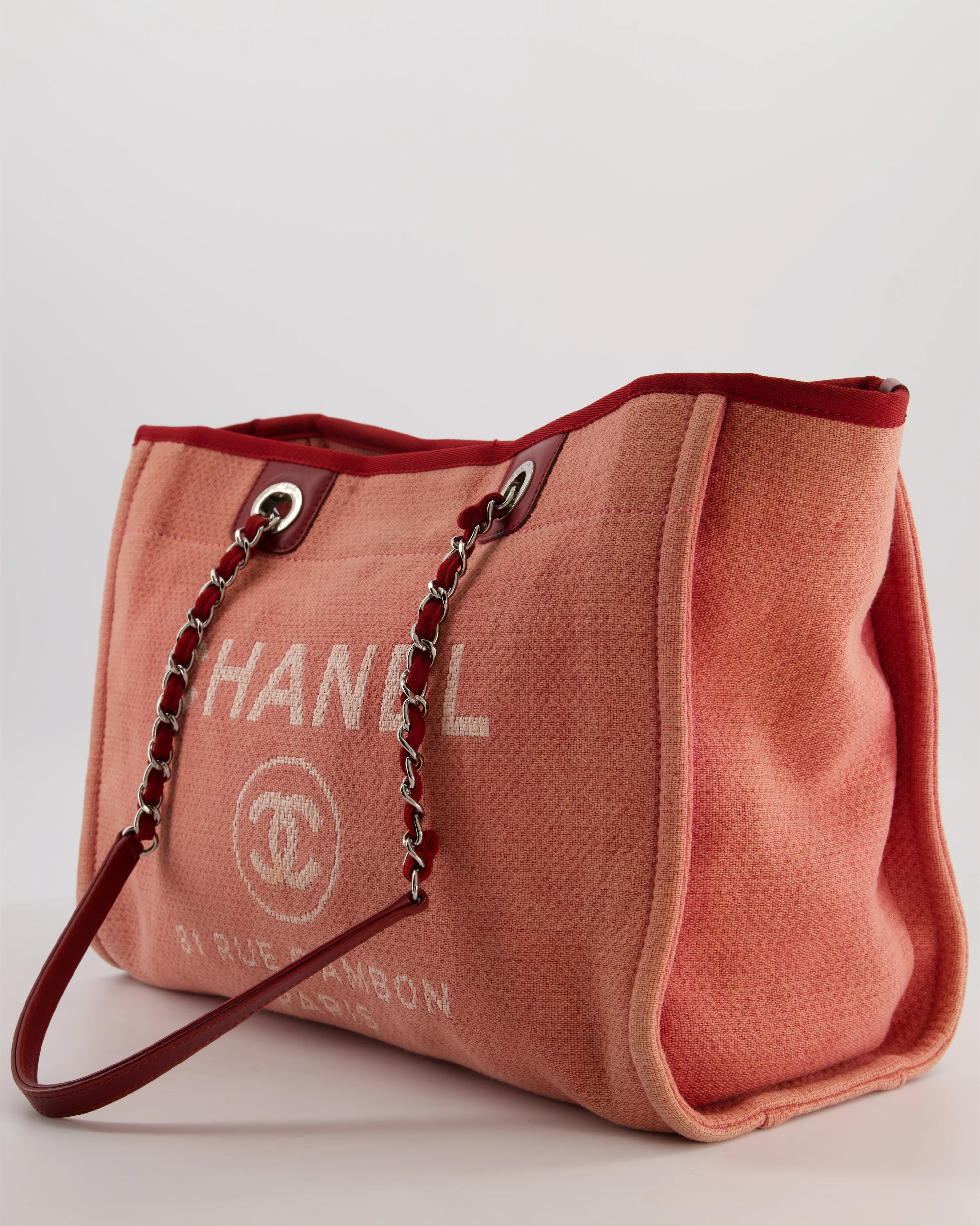 Chanel Coral Pink Burgundy Small Canvas Deauville Tote Bag with Silver Hardware - Image 8