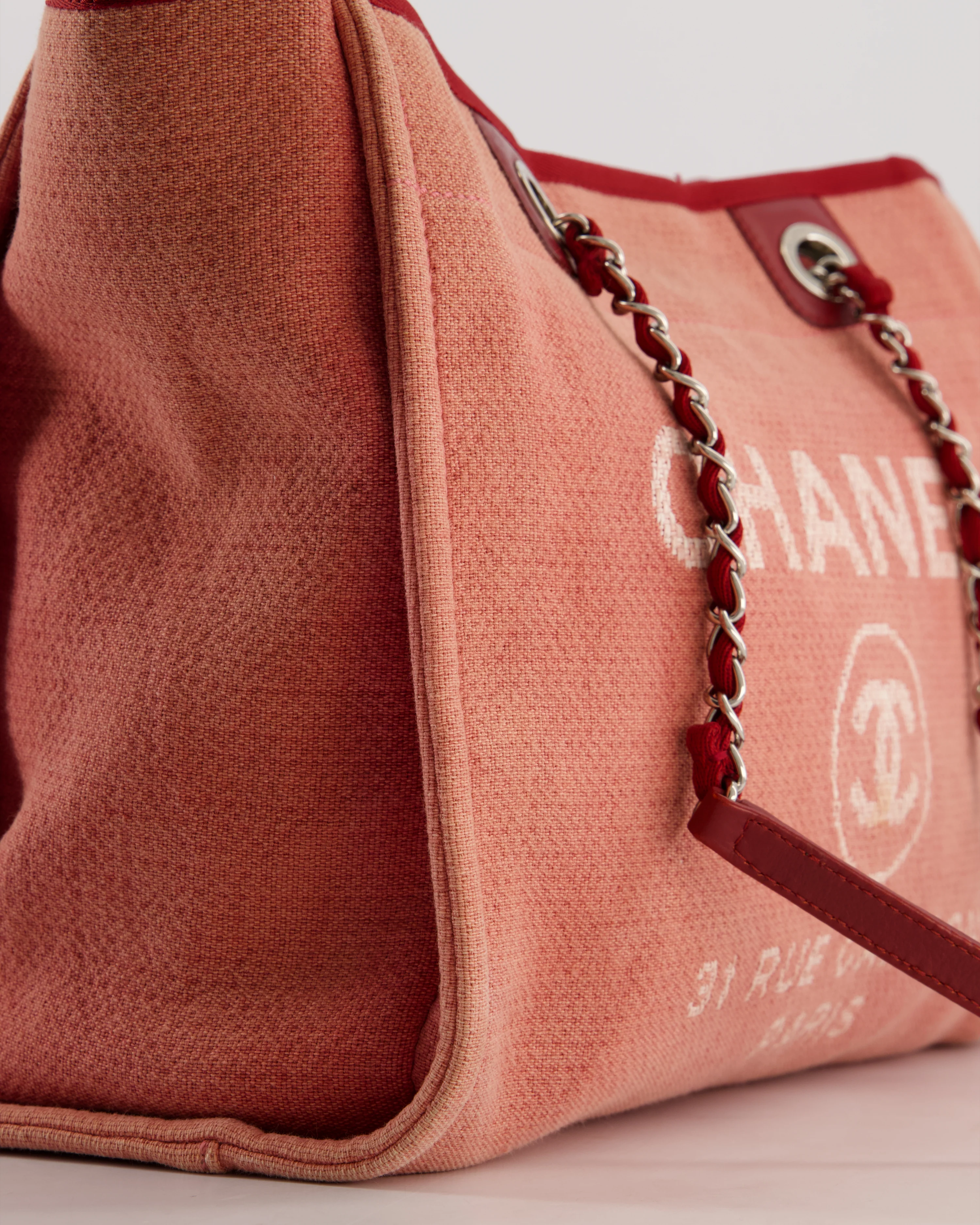 Chanel Coral Pink Burgundy Small Canvas Deauville Tote Bag with Silver Hardware - Image 9