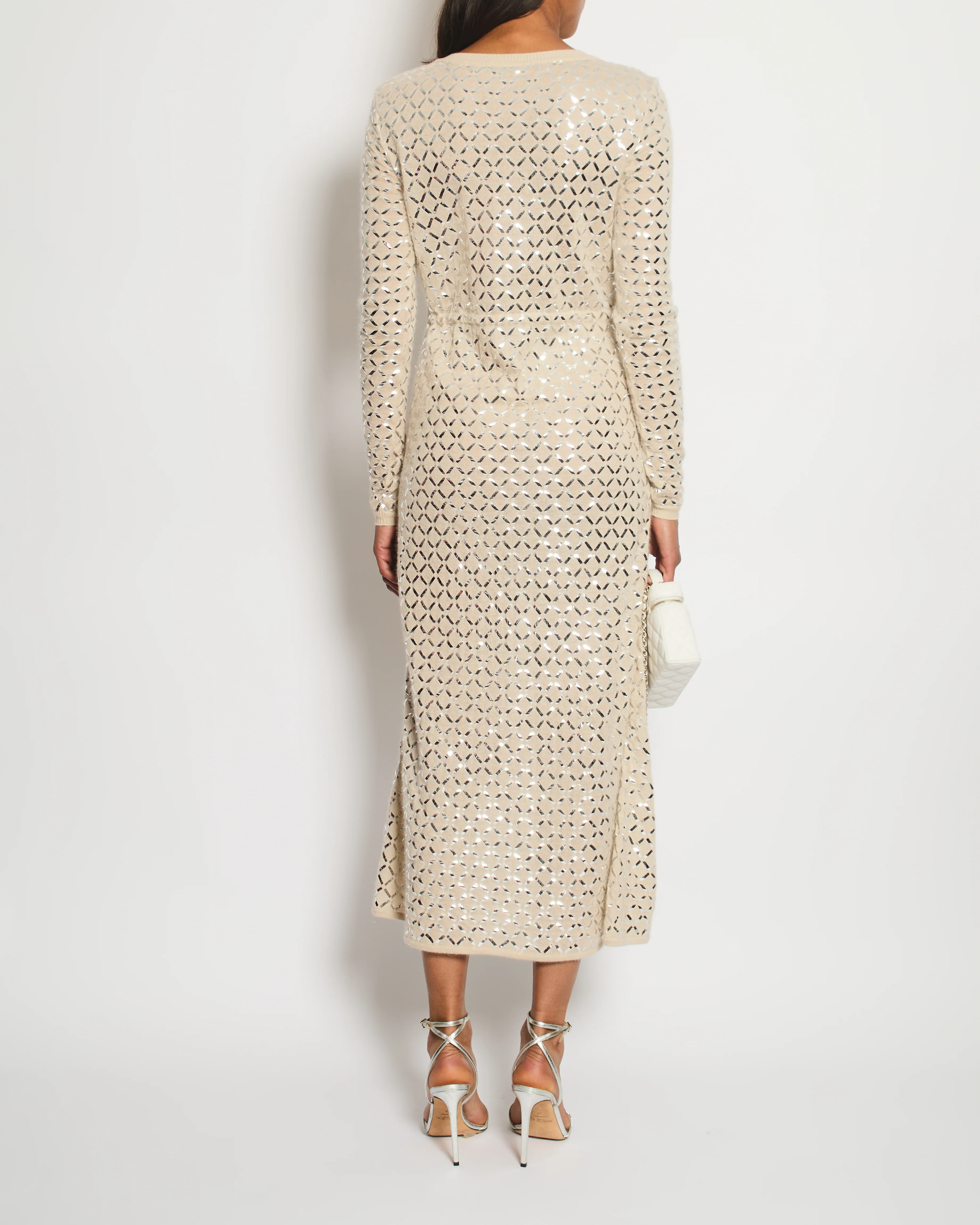 Chanel Cream Angora & Silk Long Sleeve Maxi Dress with Silver Metallic Detail & Drawstring Waist Size FR 34 (UK 6) - Image 3