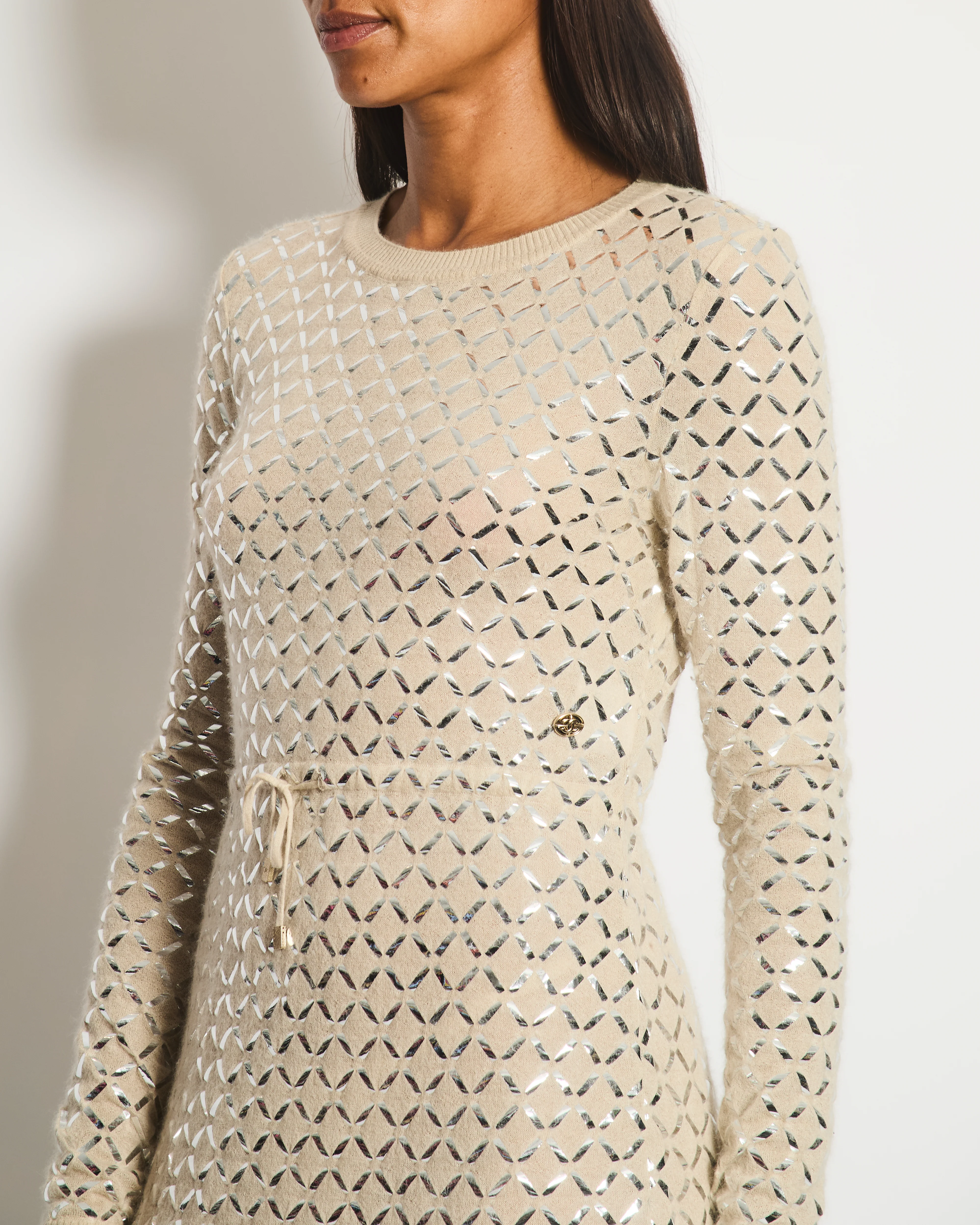 Chanel Cream Angora & Silk Long Sleeve Maxi Dress with Silver Metallic Detail & Drawstring Waist Size FR 34 (UK 6) - Image 4