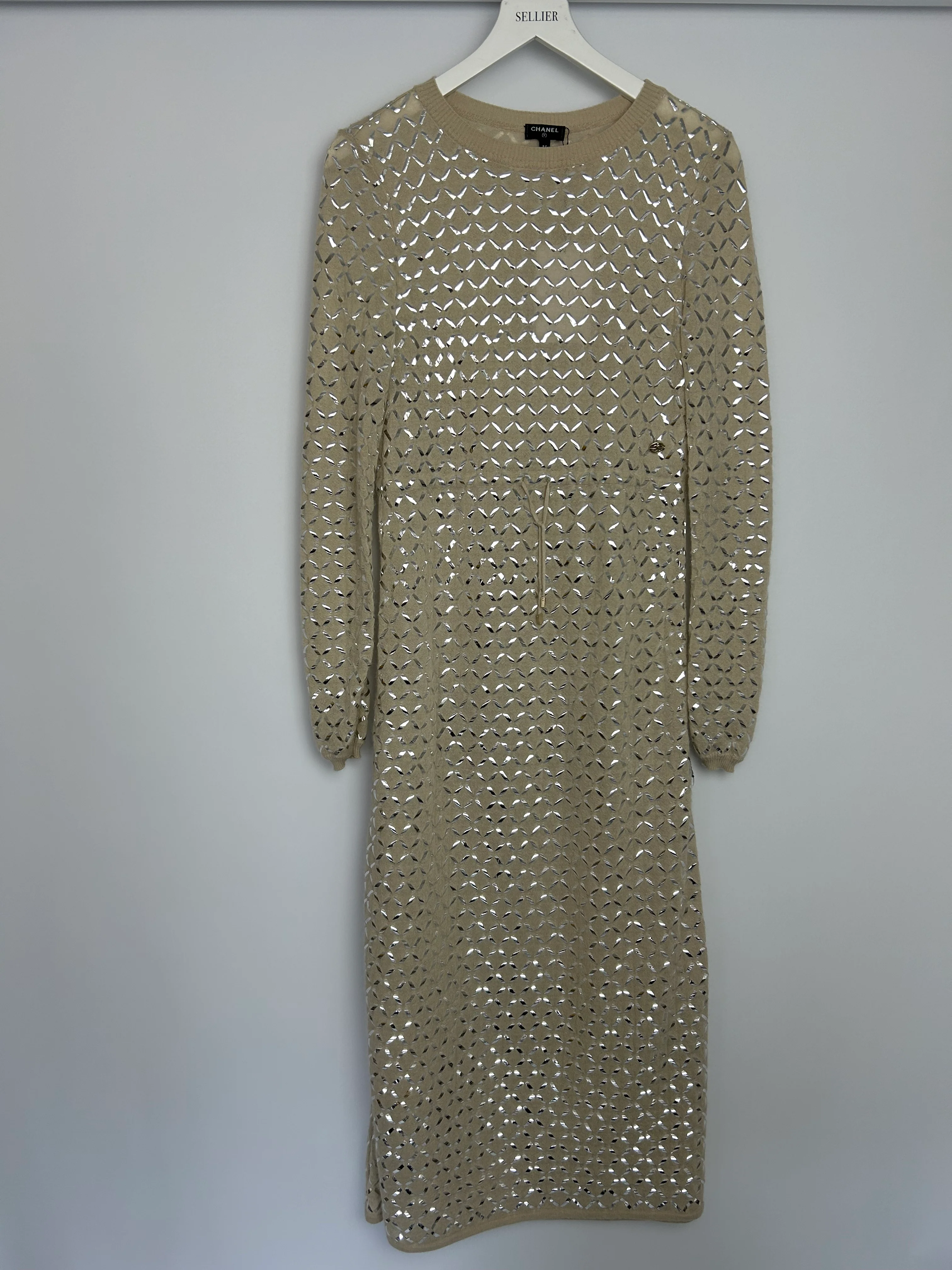 Chanel Cream Angora & Silk Long Sleeve Maxi Dress with Silver Metallic Detail & Drawstring Waist Size FR 34 (UK 6) - Image 7