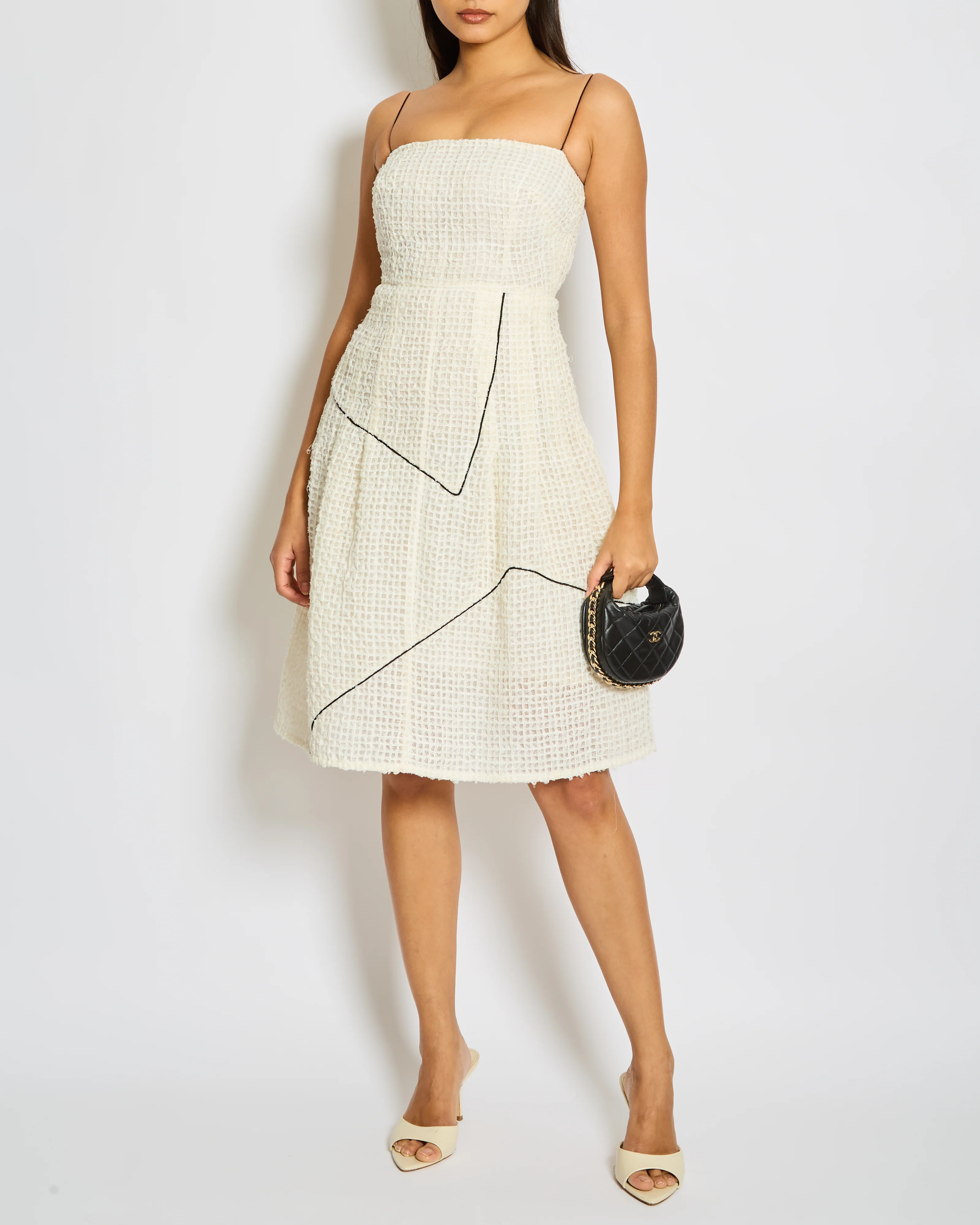 Chanel Spring-Summer 2012 Cream, Black Simple Strap Organza Check Dress Size FR 36 (UK 8)