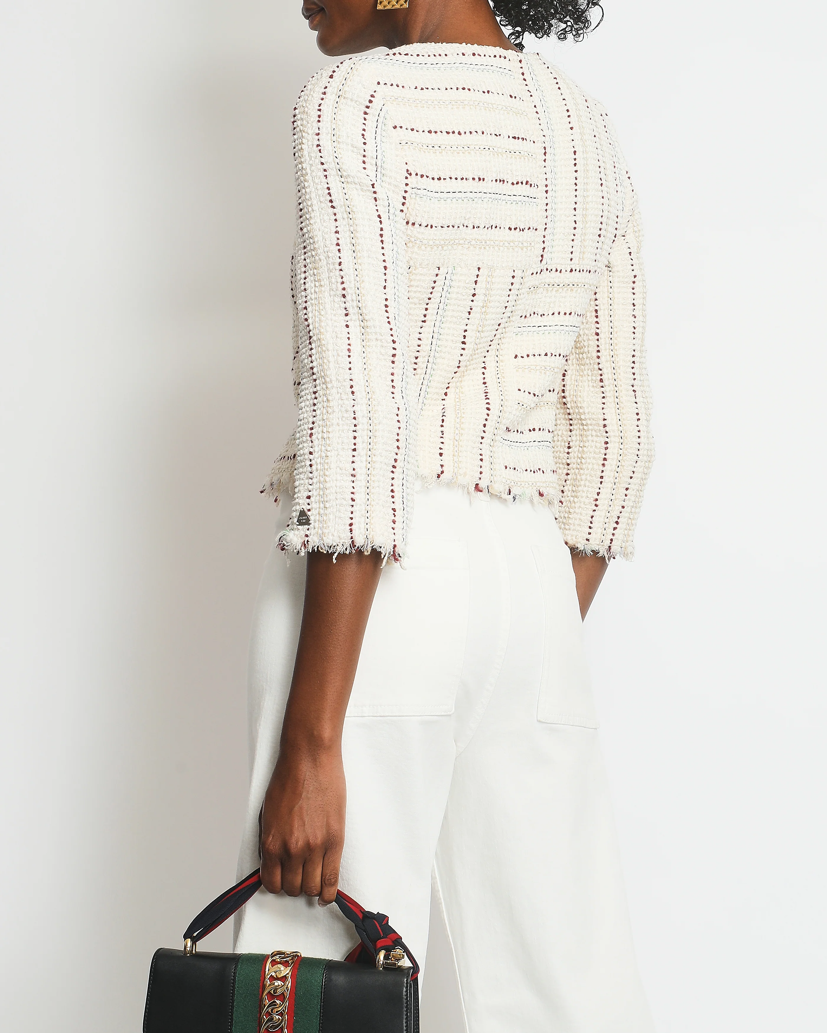 Chanel Cream, Blue and Red Tweed Zip Jacket with Cropped Sleeves Size FR 36 (UK 8) - Image 3