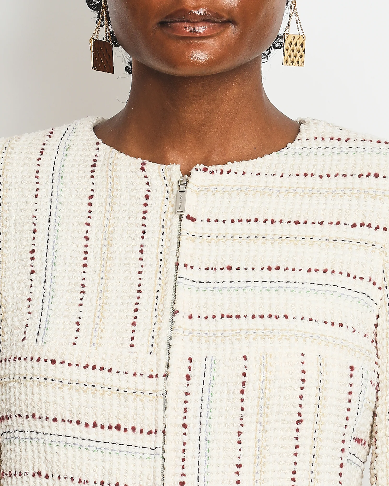 Chanel Cream, Blue and Red Tweed Zip Jacket with Cropped Sleeves Size FR 36 (UK 8) - Image 5