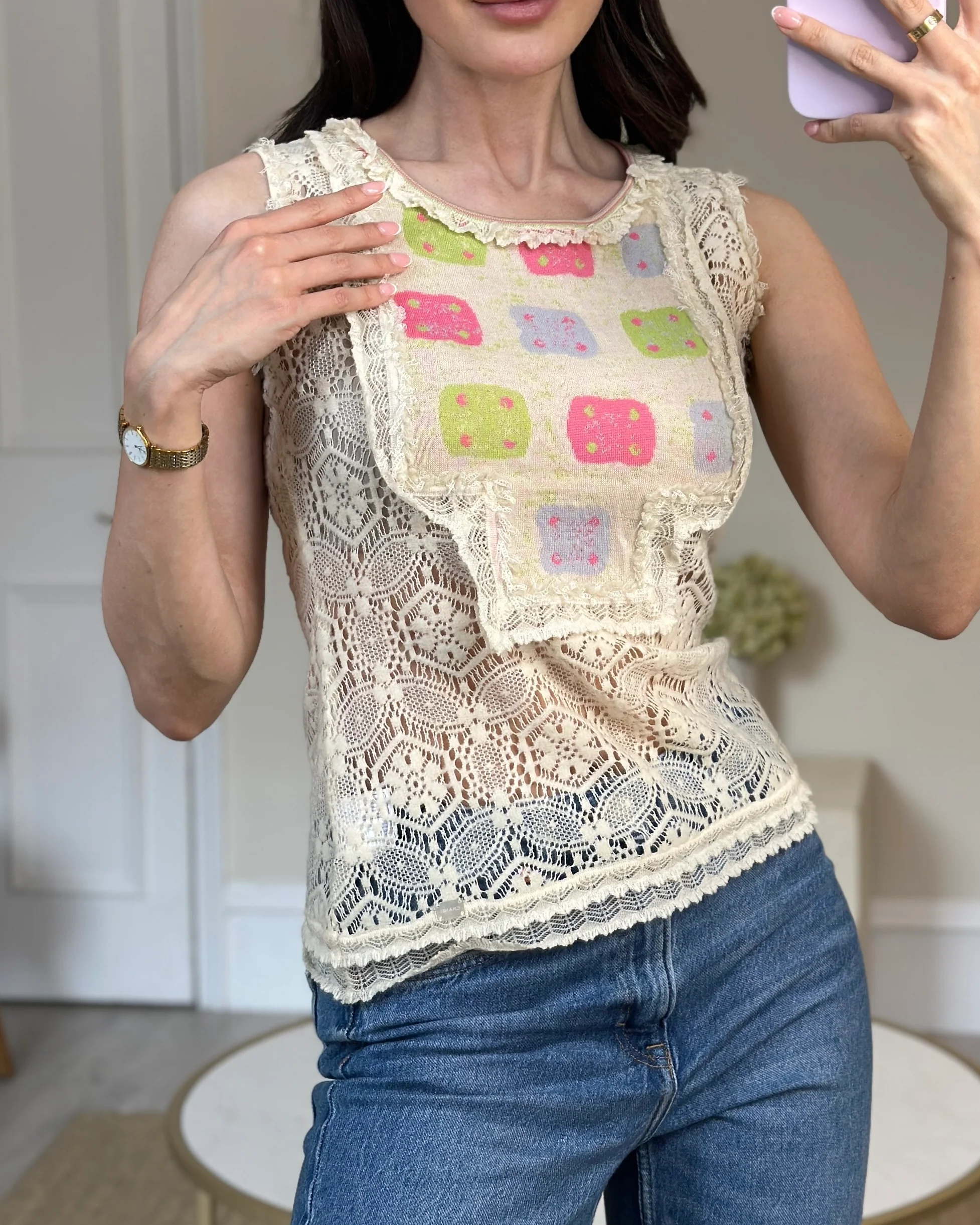 Chanel Cream Crochet Sleeveless Top with Multicoloured Detail FR 36 (UK 8) - Image 6