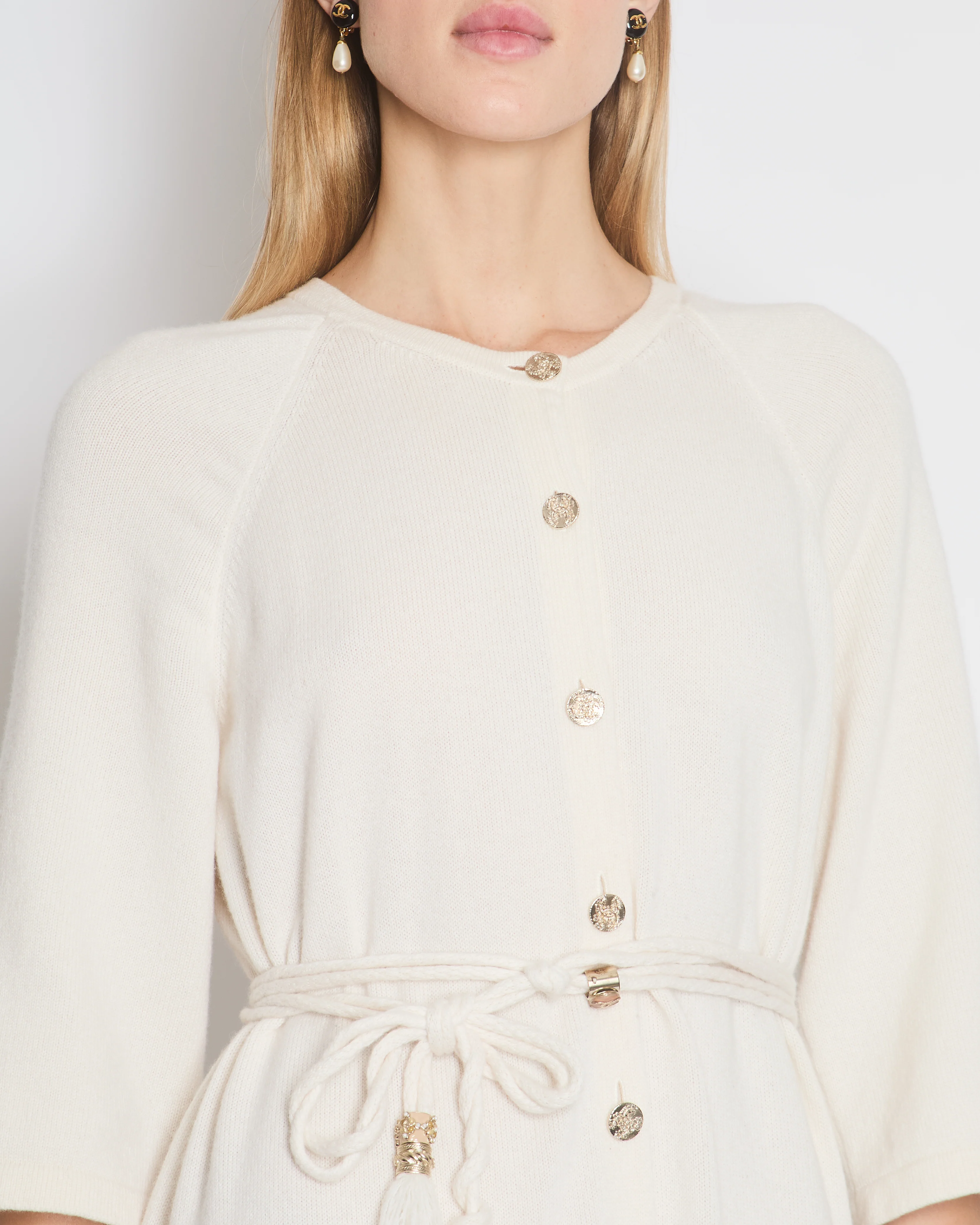 Chanel Cream Long Line Round Neck Cardigan with Belt and Pocket Detail Size FR 46 (UK 18) - Image 3