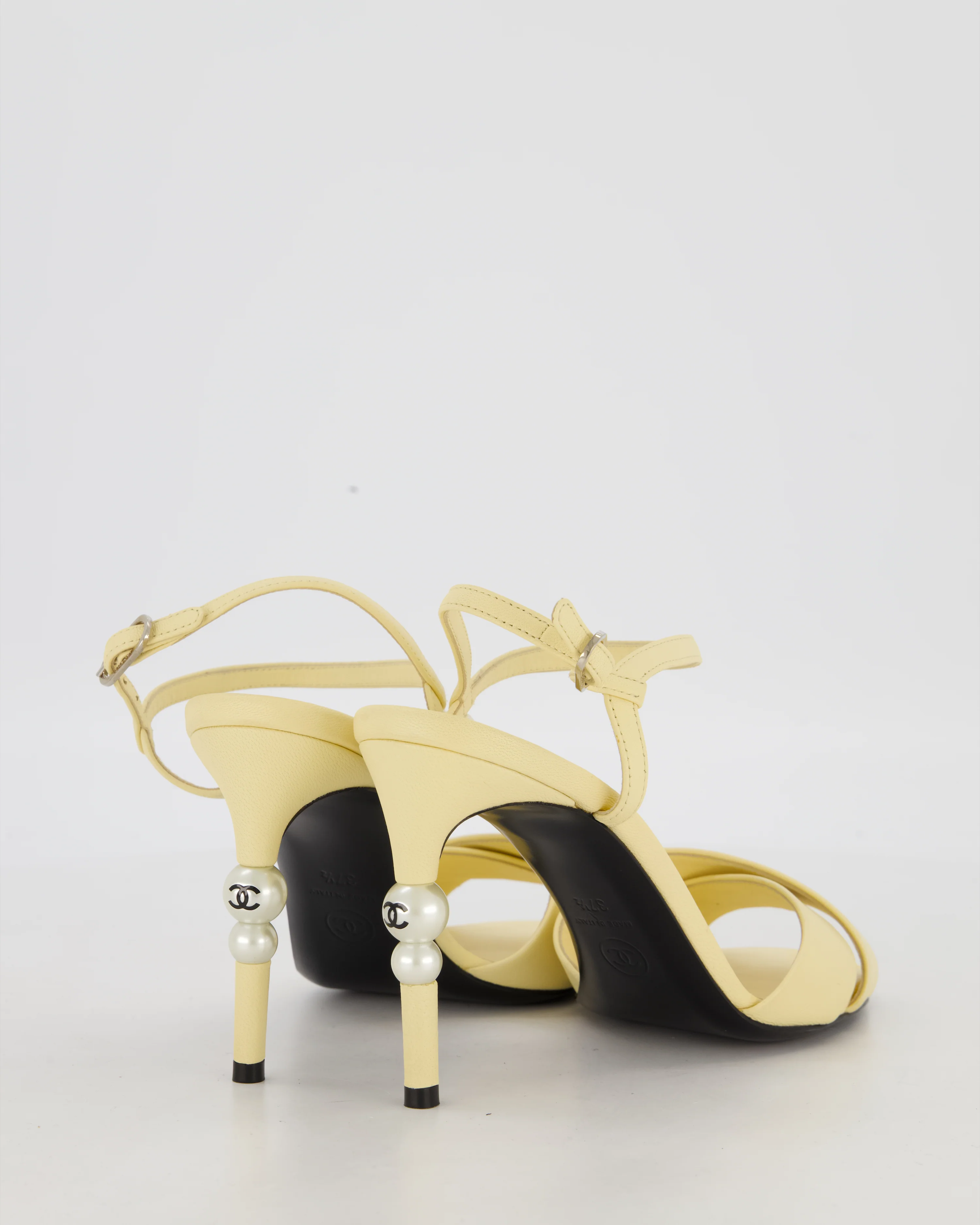 Chanel Yellow Open-Toe CC Pearl Heels Size EU 37.5 - Image 3