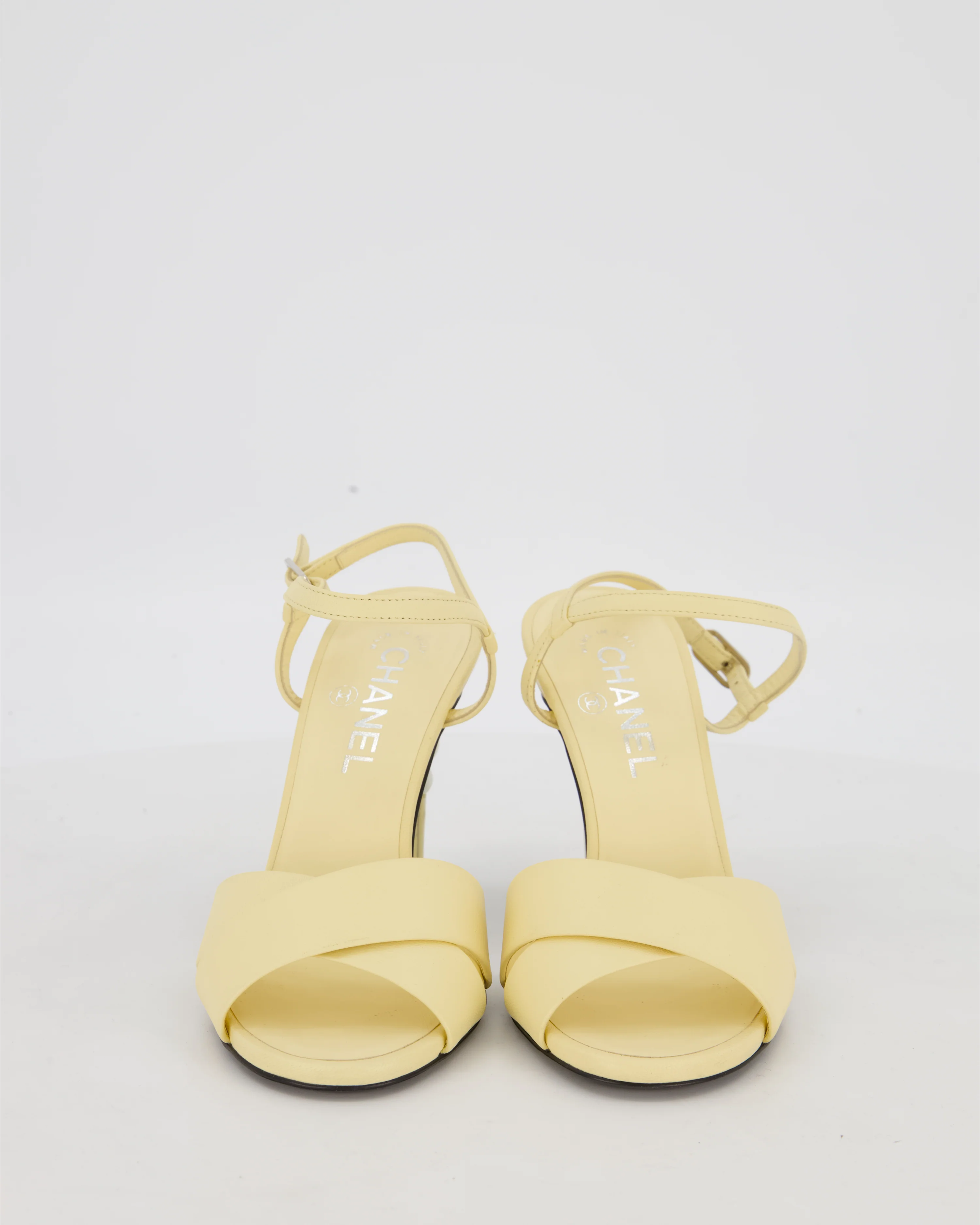 Chanel Yellow Open-Toe CC Pearl Heels Size EU 37.5 - Image 4